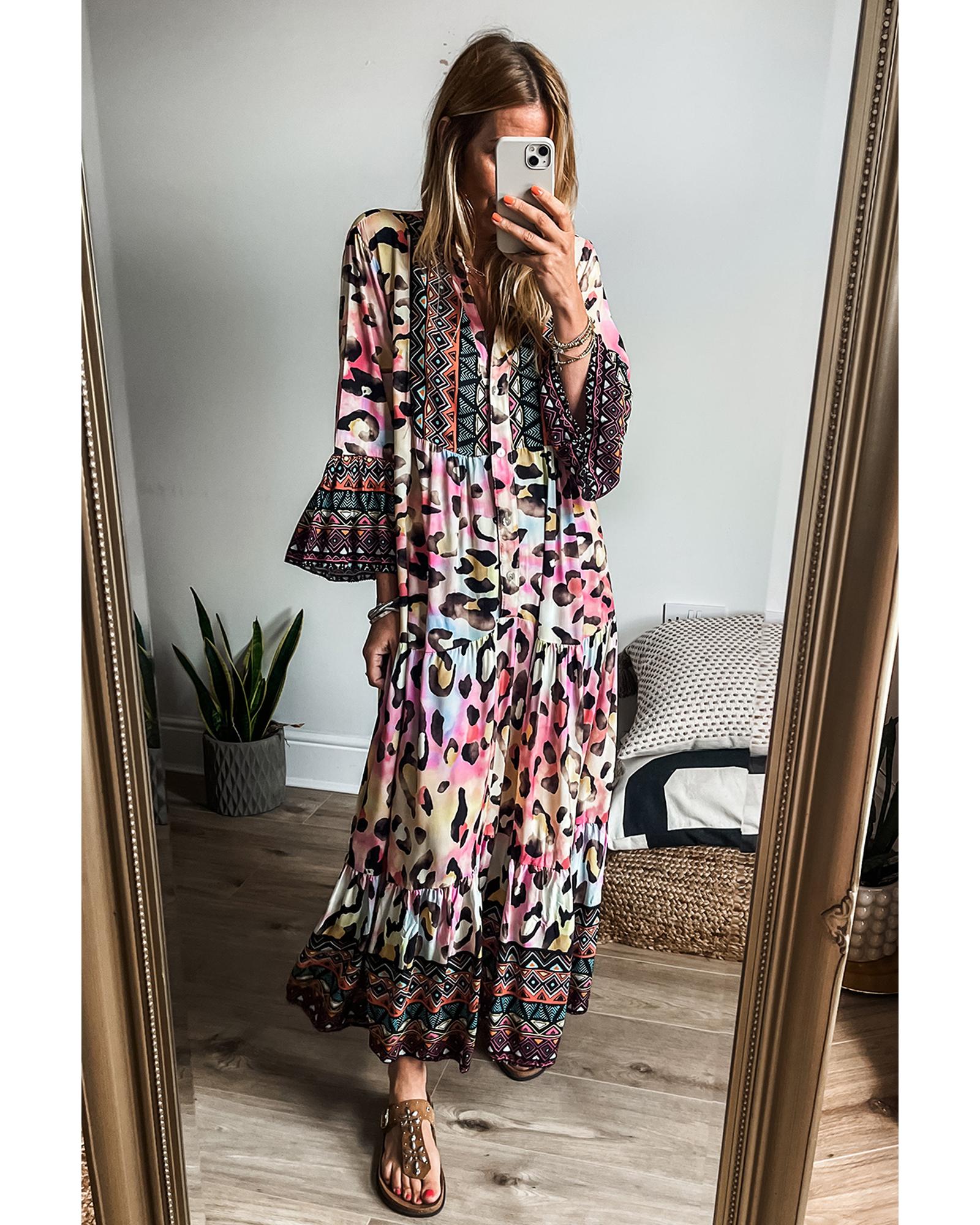 Pink Western Leopard Printed 3/4 Sleeve Buttoned Front Tiered Maxi Dress - S 5