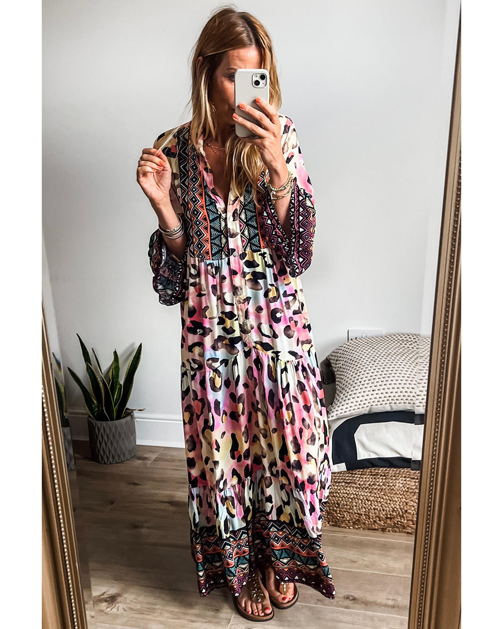 Pink Western Leopard Printed 3/4 Sleeve Buttoned Front Tiered Maxi Dress - S 6