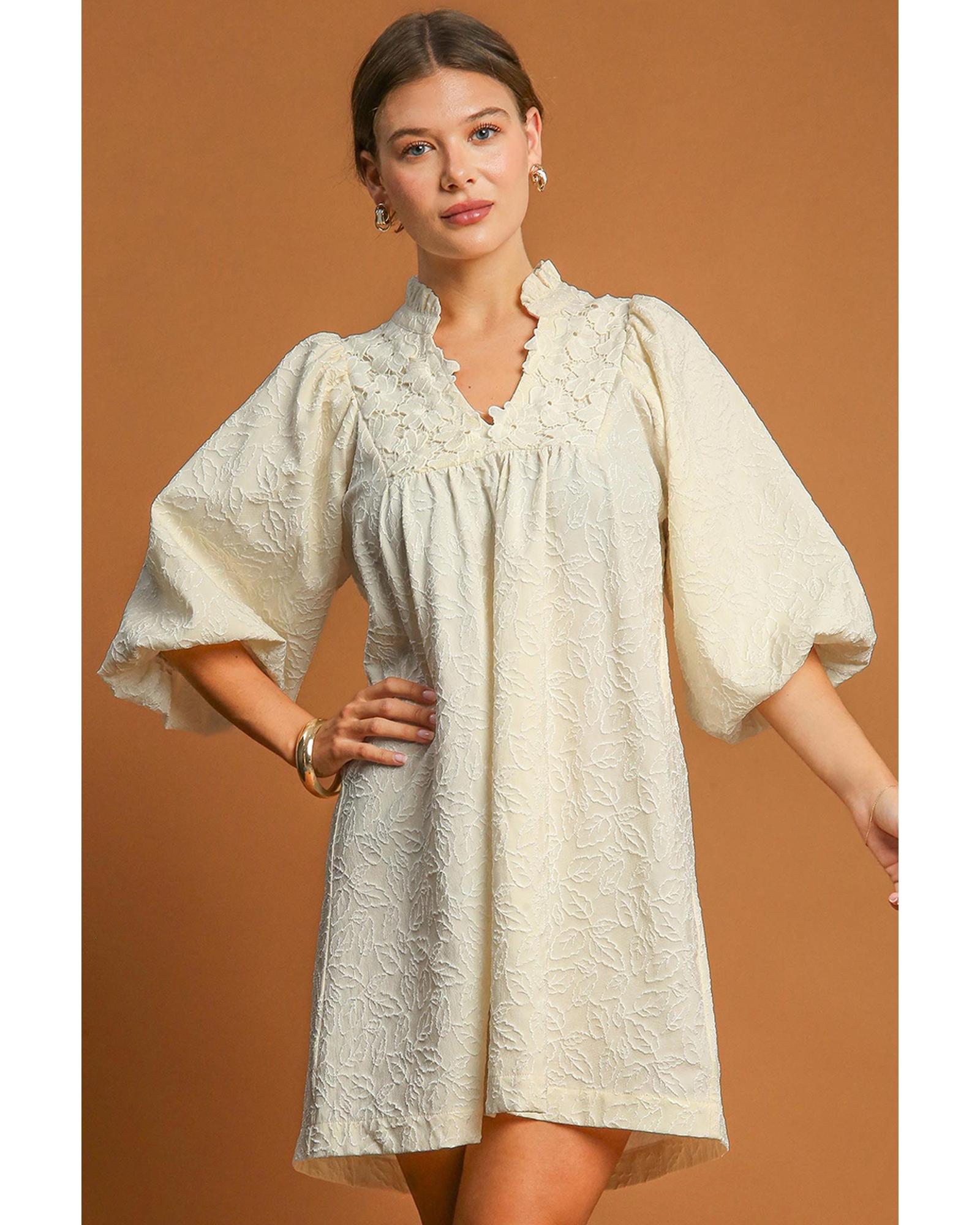 White Floral Textured Bubble Sleeve Frilled Notched Neck Dress - L 3
