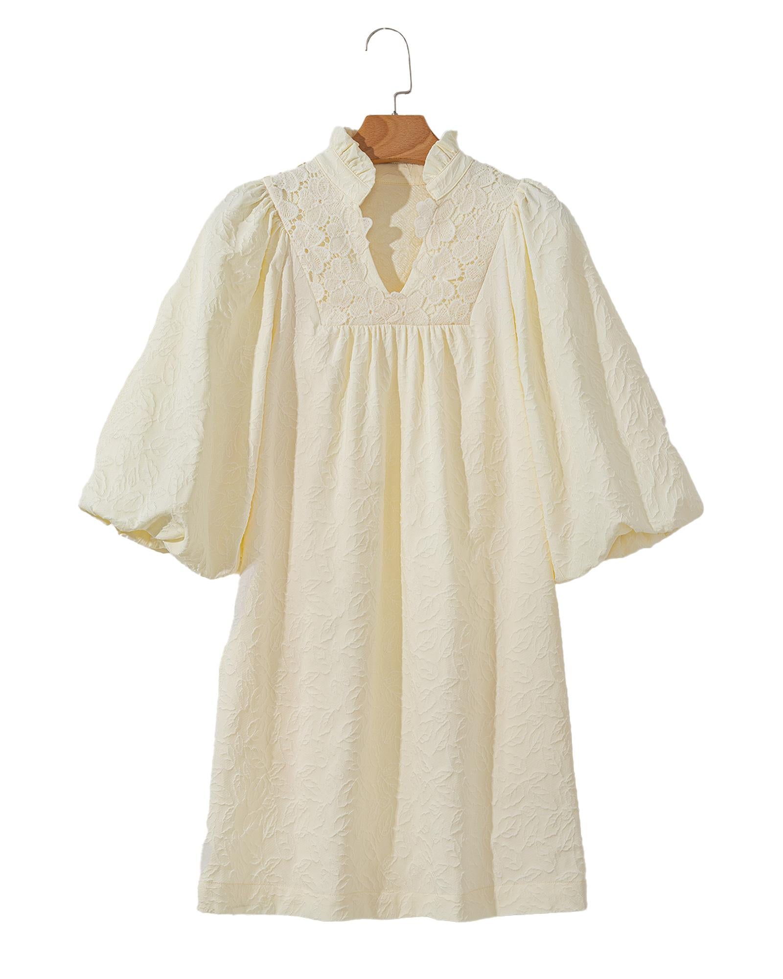 White Floral Textured Bubble Sleeve Frilled Notched Neck Dress - M 5