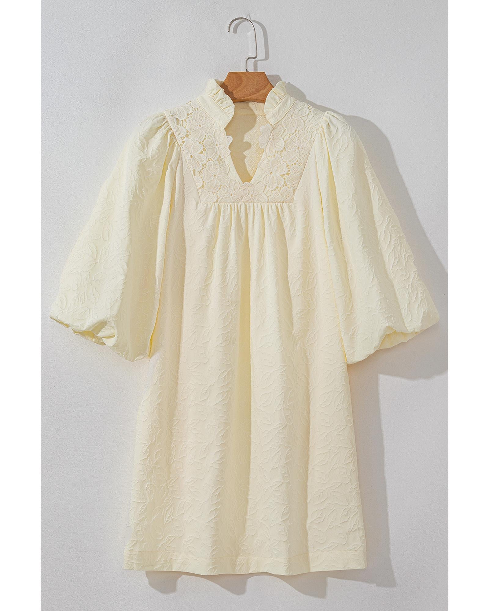 White Floral Textured Bubble Sleeve Frilled Notched Neck Dress - M 8