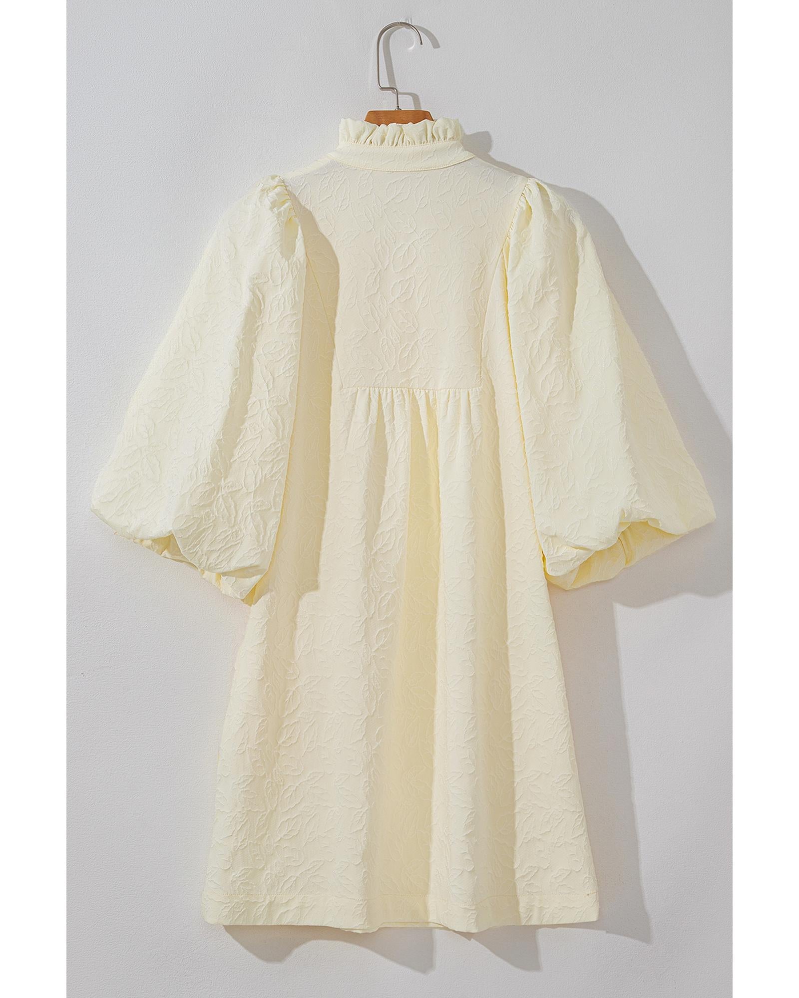 White Floral Textured Bubble Sleeve Frilled Notched Neck Dress - XL 7