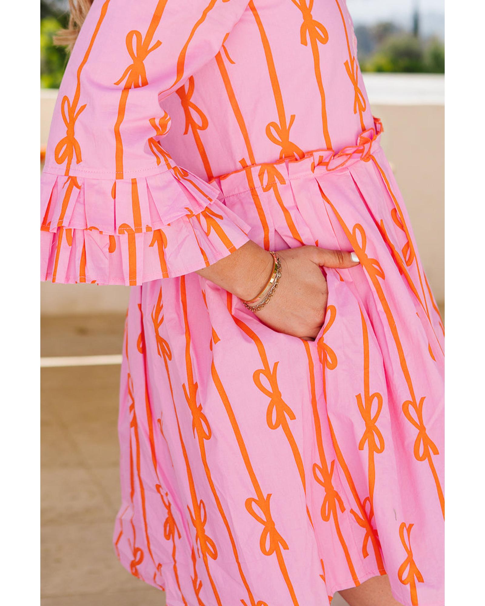 Pink Bowknot Striped Printed Tiered Ruffled Mini Shirt Dress - L