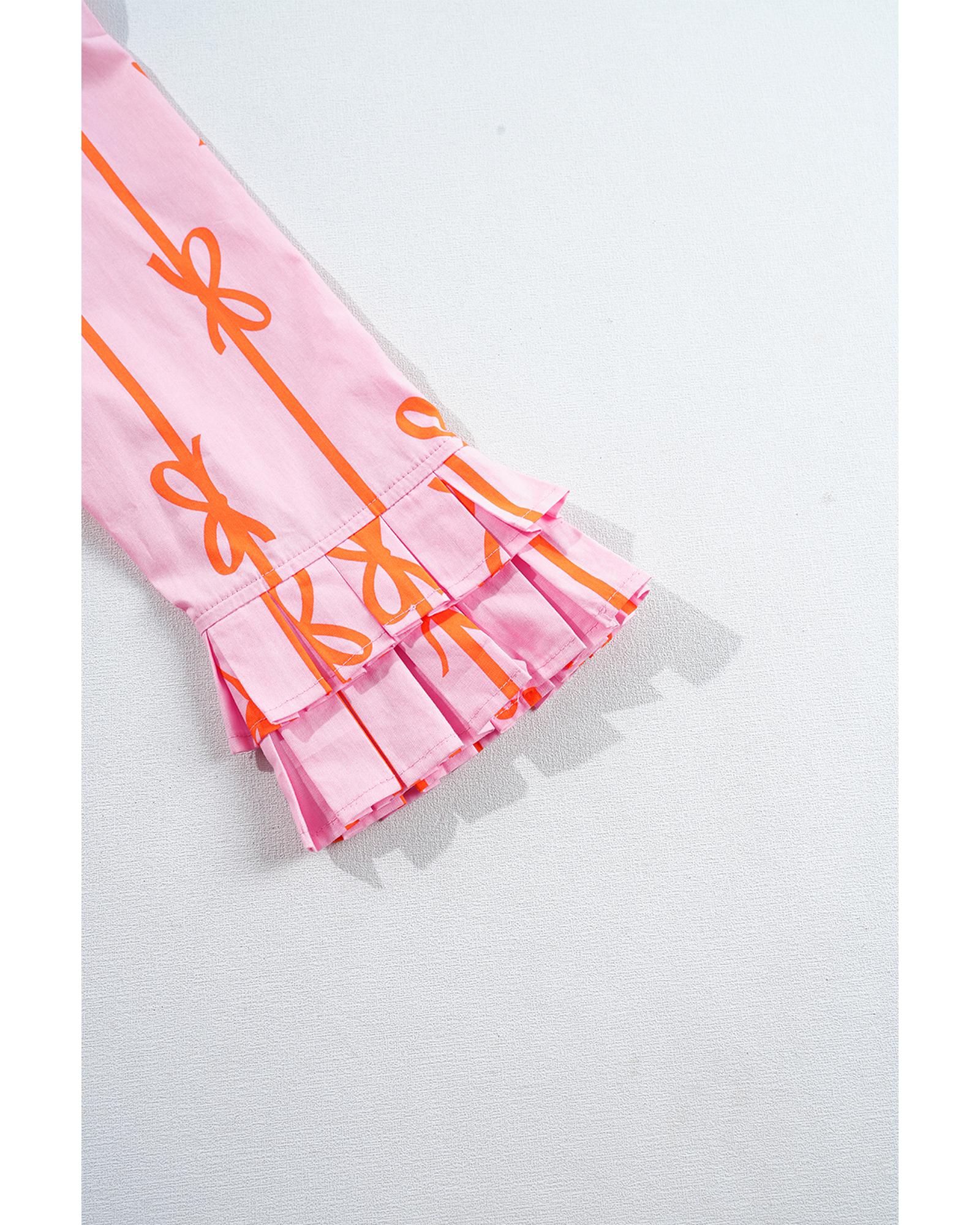 Pink Bowknot Striped Printed Tiered Ruffled Mini Shirt Dress - M