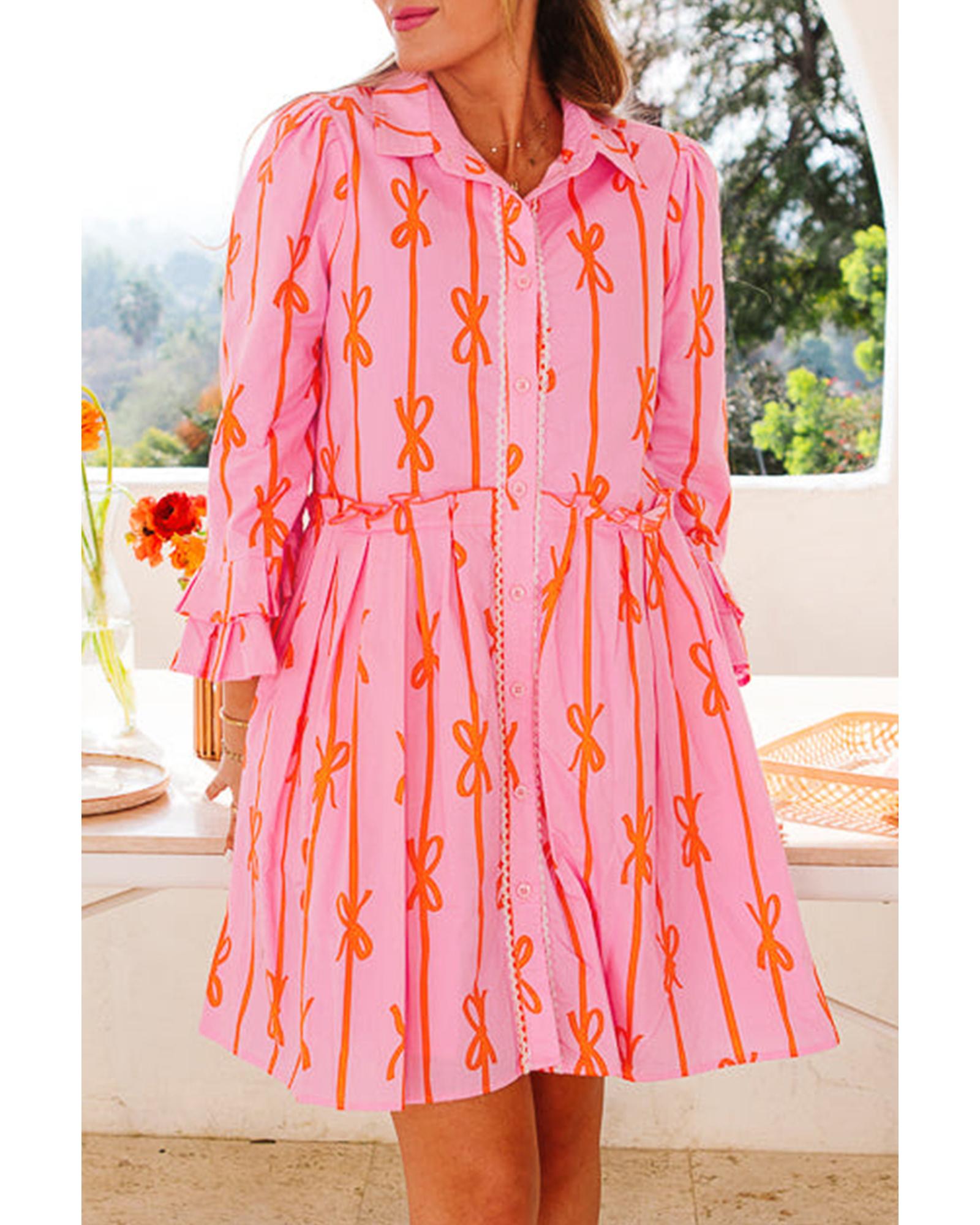Pink Bowknot Striped Printed Tiered Ruffled Mini Shirt Dress - M