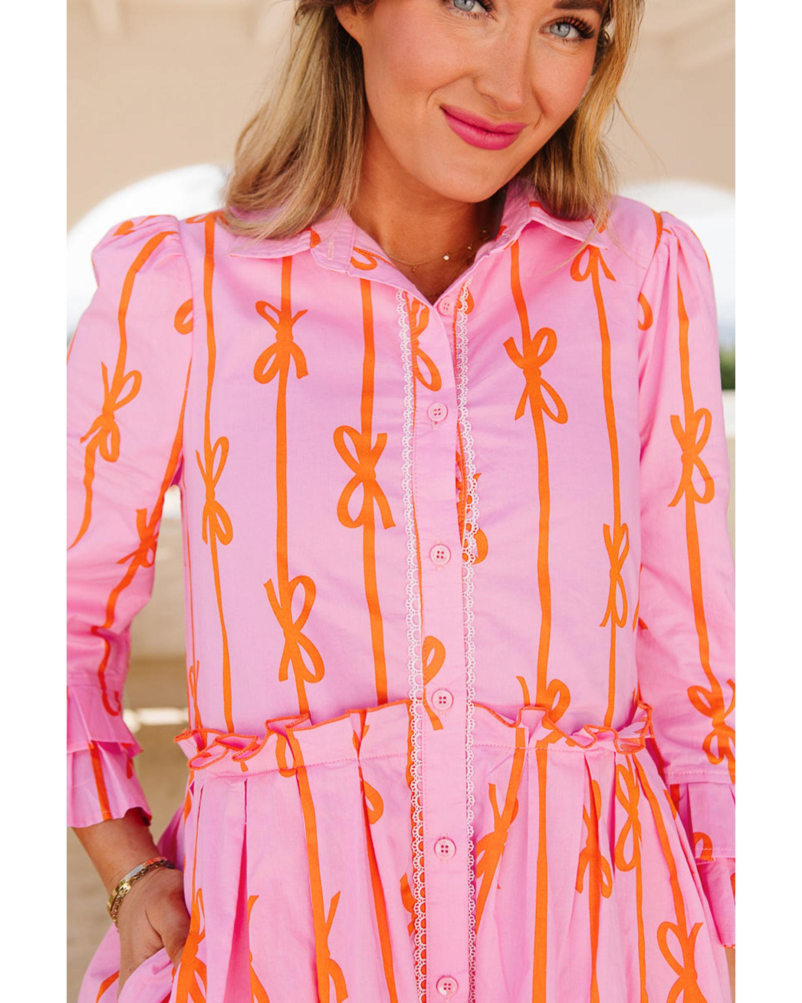 Pink Bowknot Striped Printed Tiered Ruffled Mini Shirt Dress - M 5