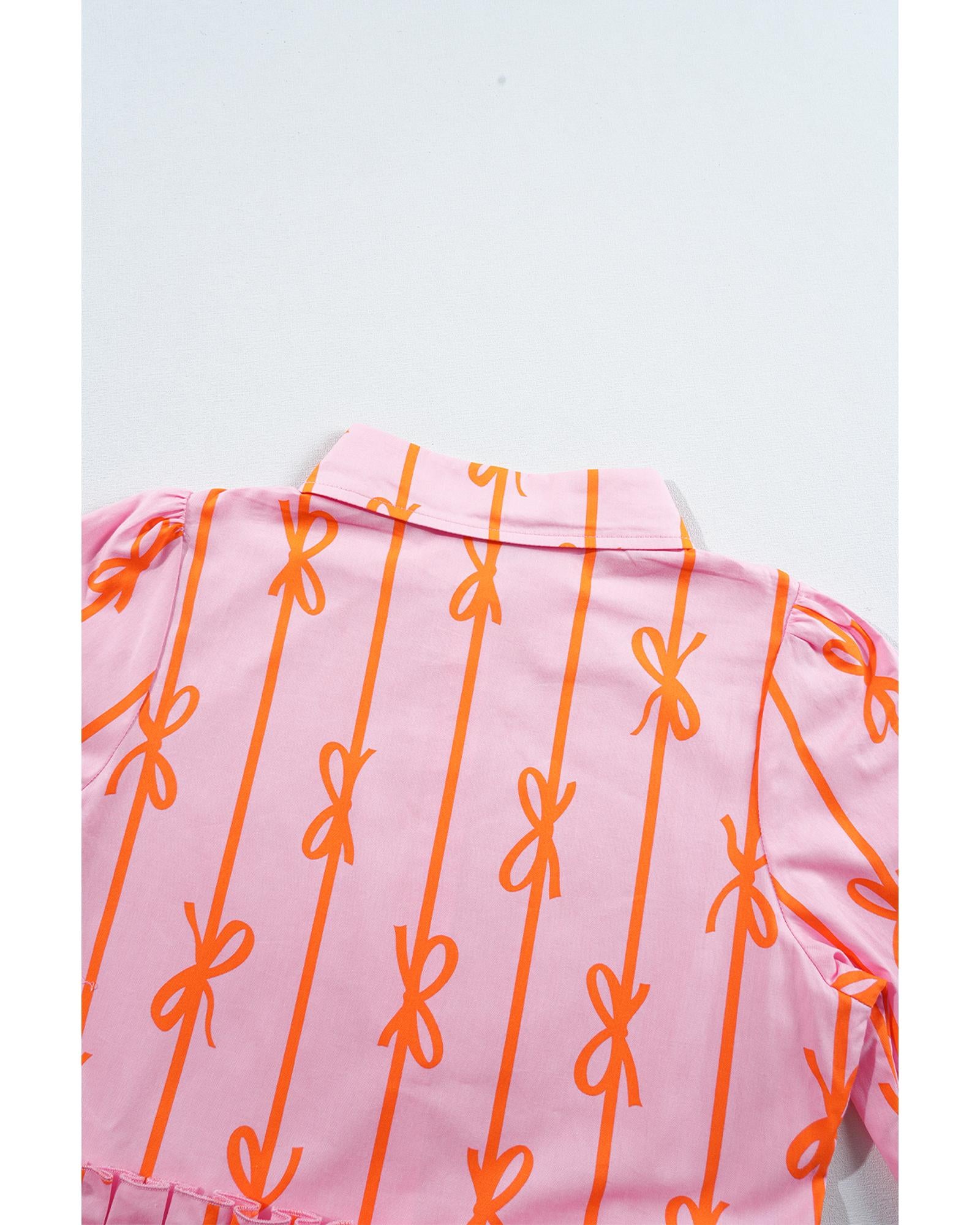 Pink Bowknot Striped Printed Tiered Ruffled Mini Shirt Dress - M 6