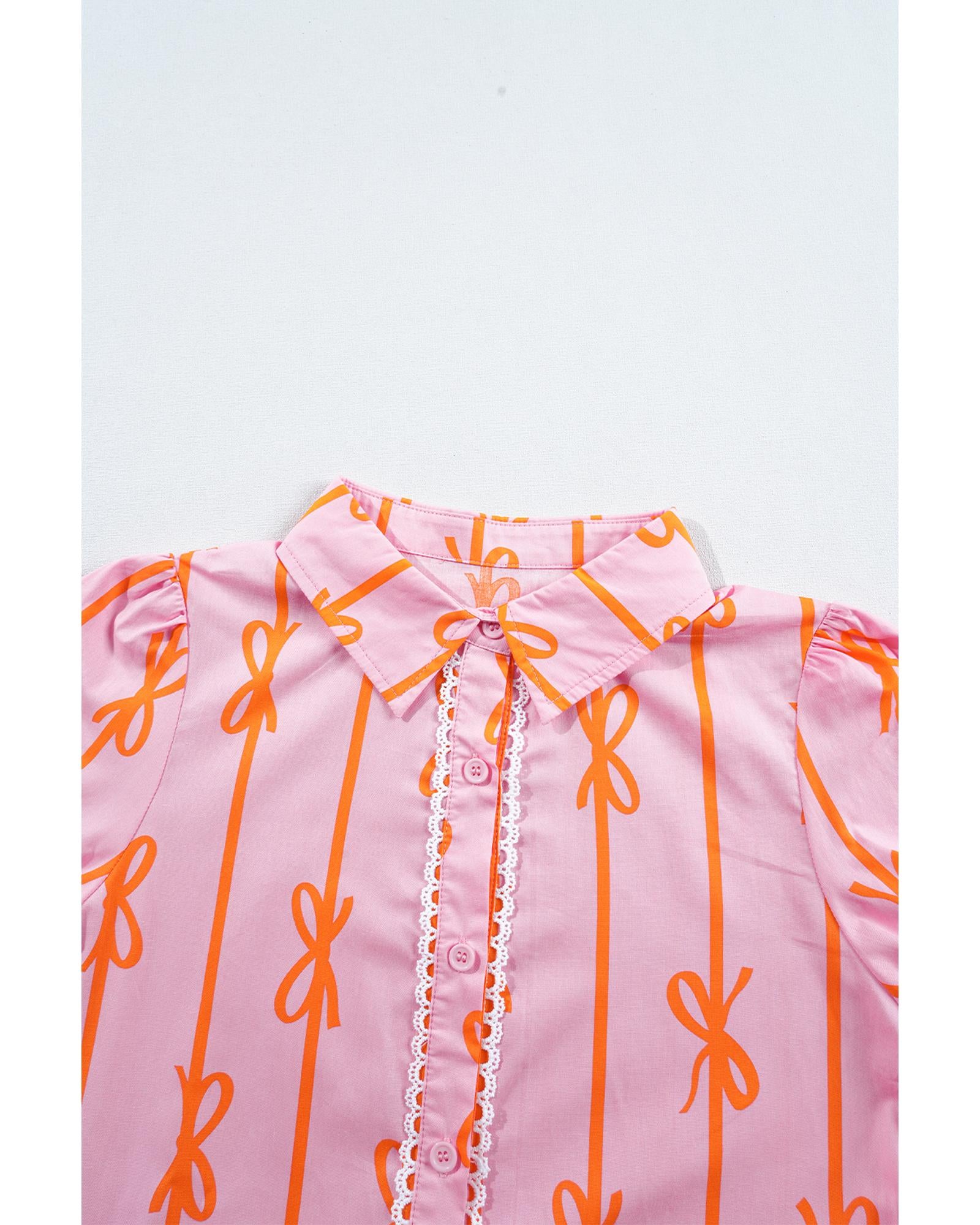 Pink Bowknot Striped Printed Tiered Ruffled Mini Shirt Dress - M 7