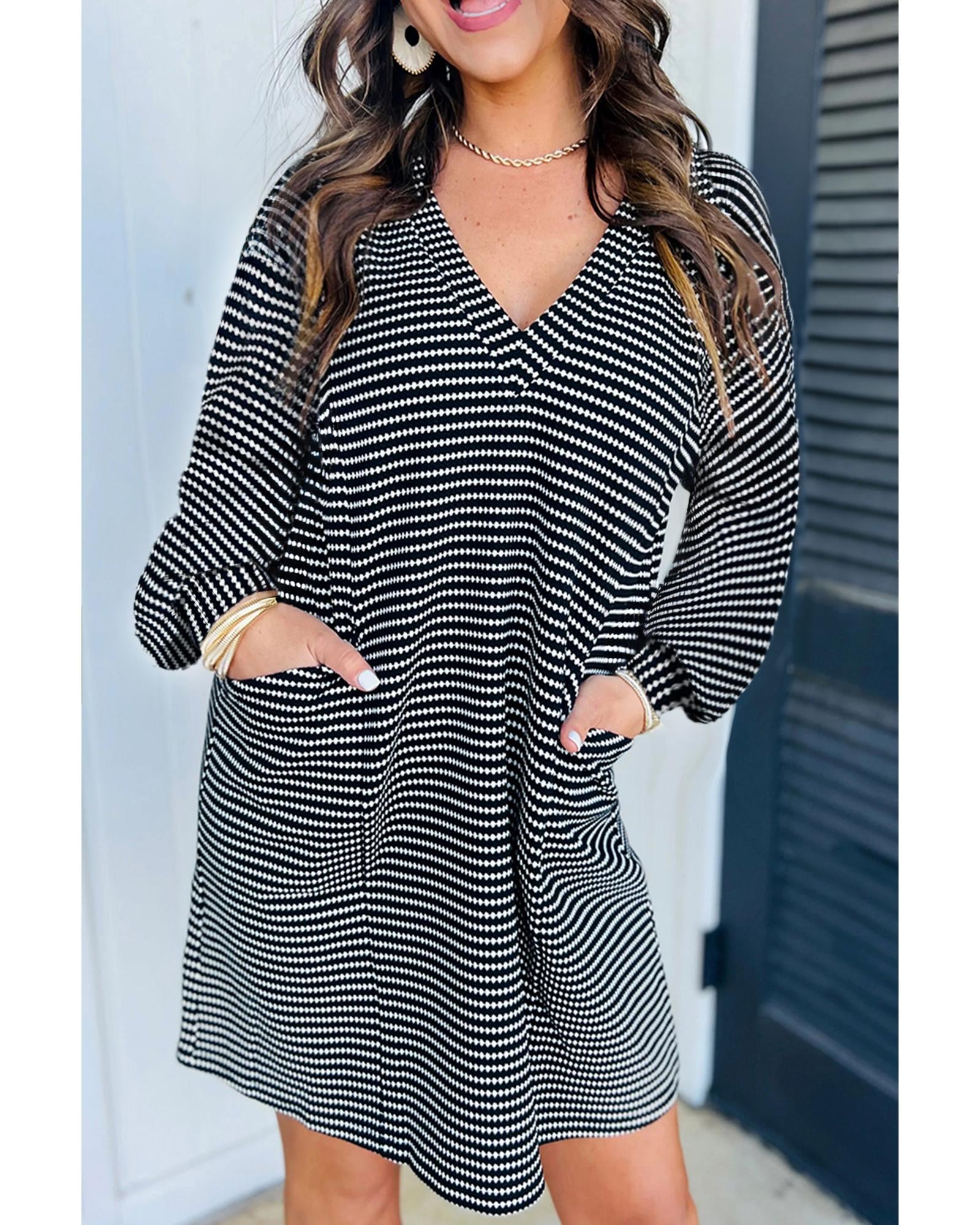 Black Striped V Neck Long Puff Sleeve Shift Dress - S 6