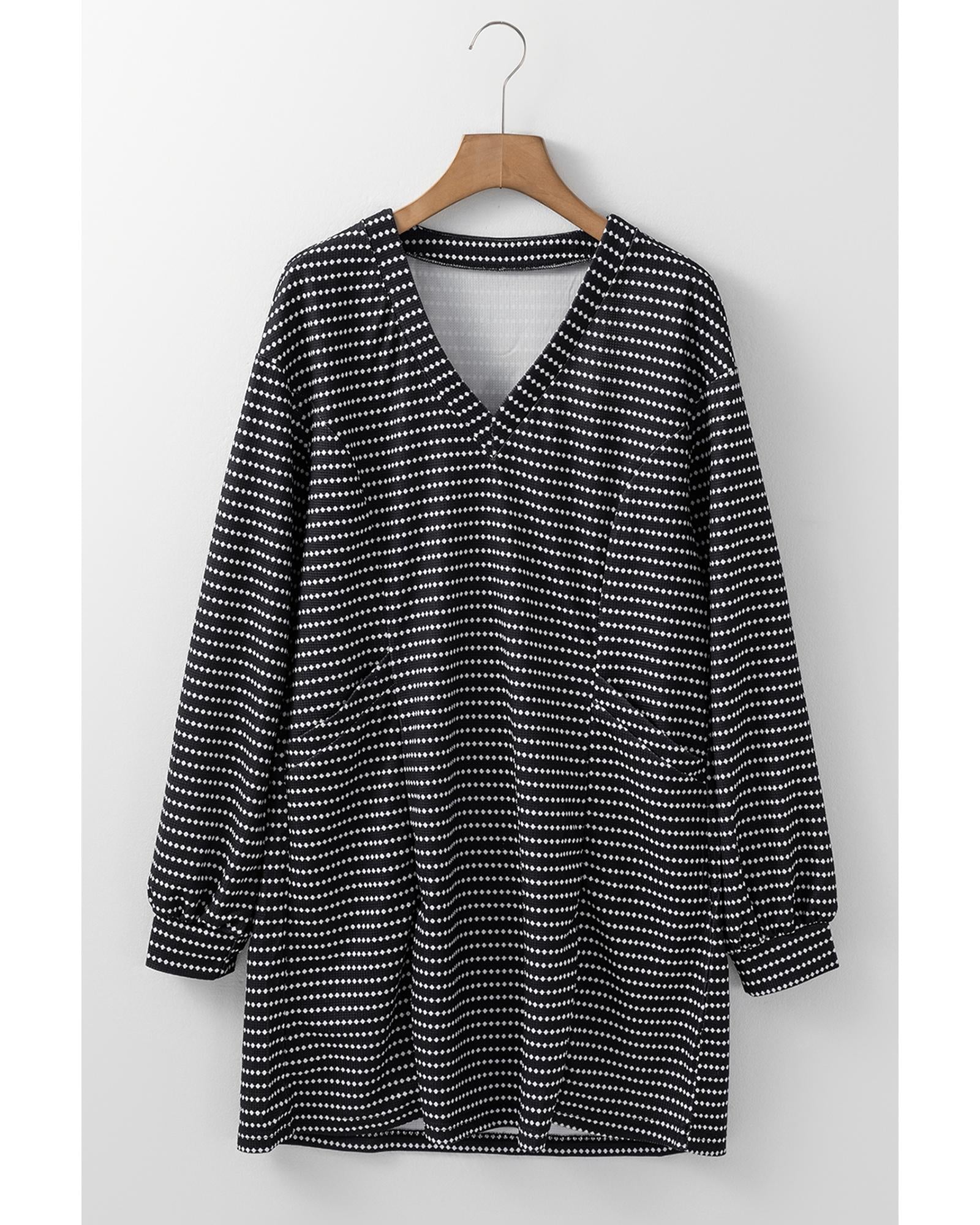 Black Striped V Neck Long Puff Sleeve Shift Dress - XL 3