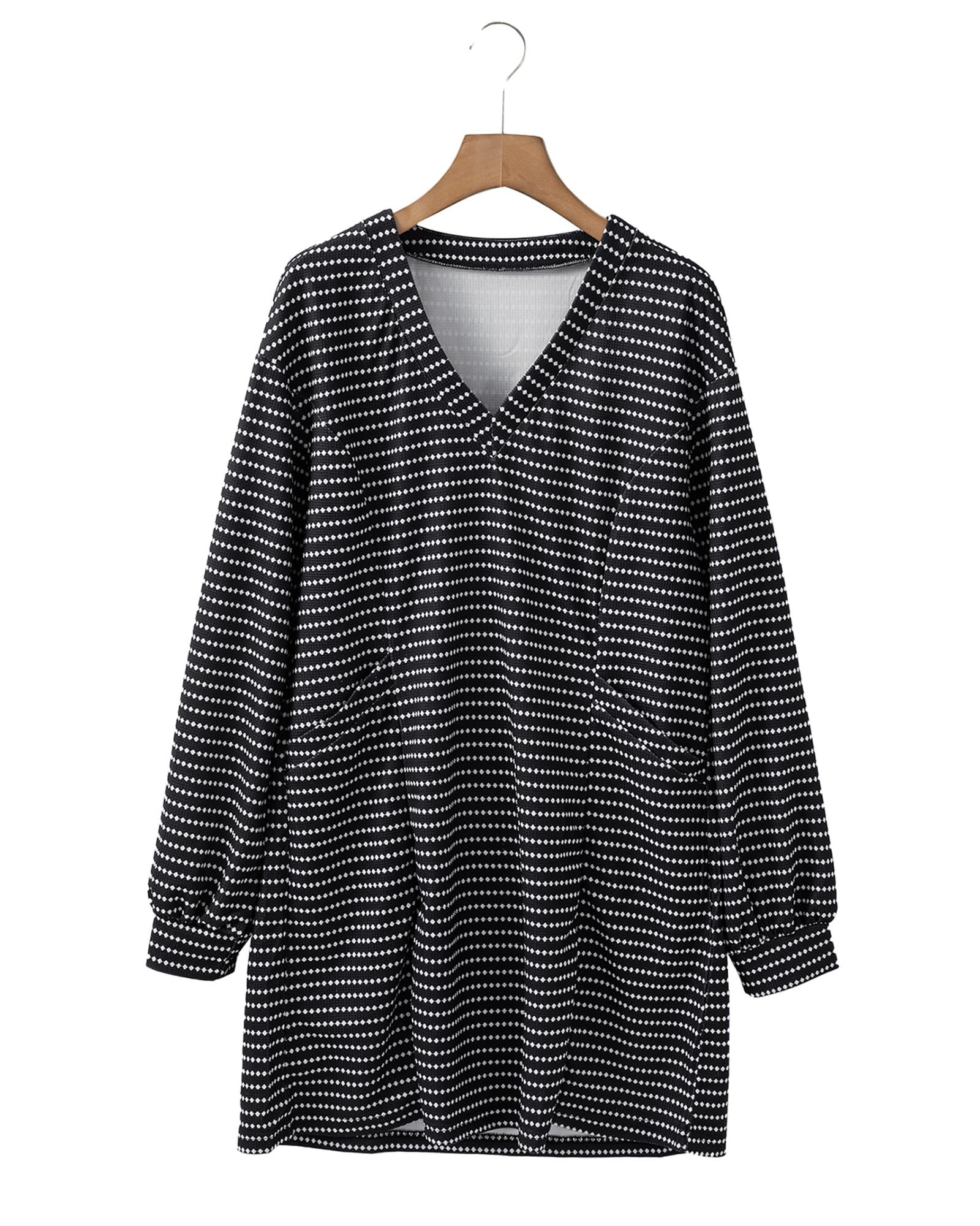 Black Striped V Neck Long Puff Sleeve Shift Dress - XL 5