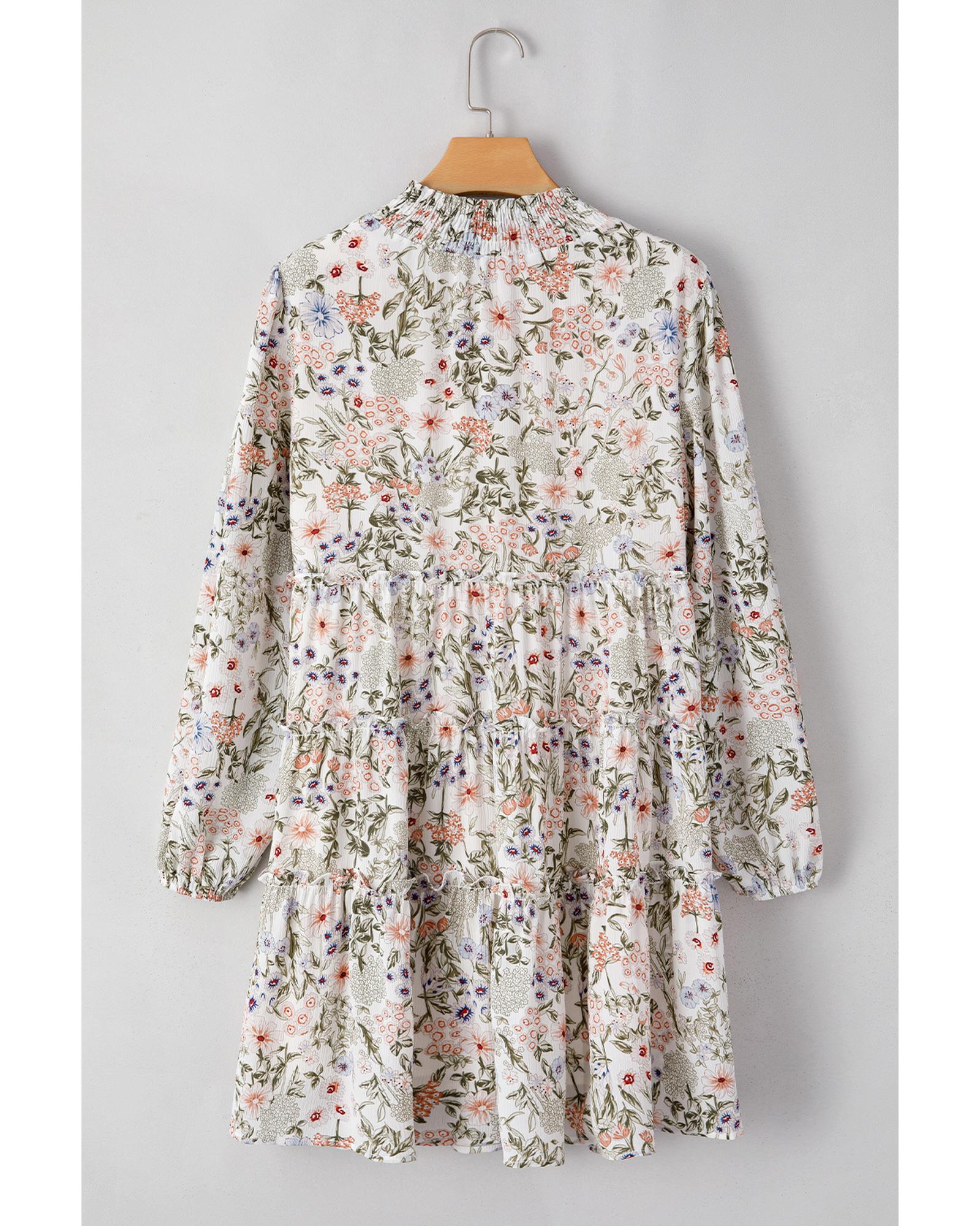 Green Floral Print Tiered Frilled Shirred Mock Neck Mini Dress - M 6
