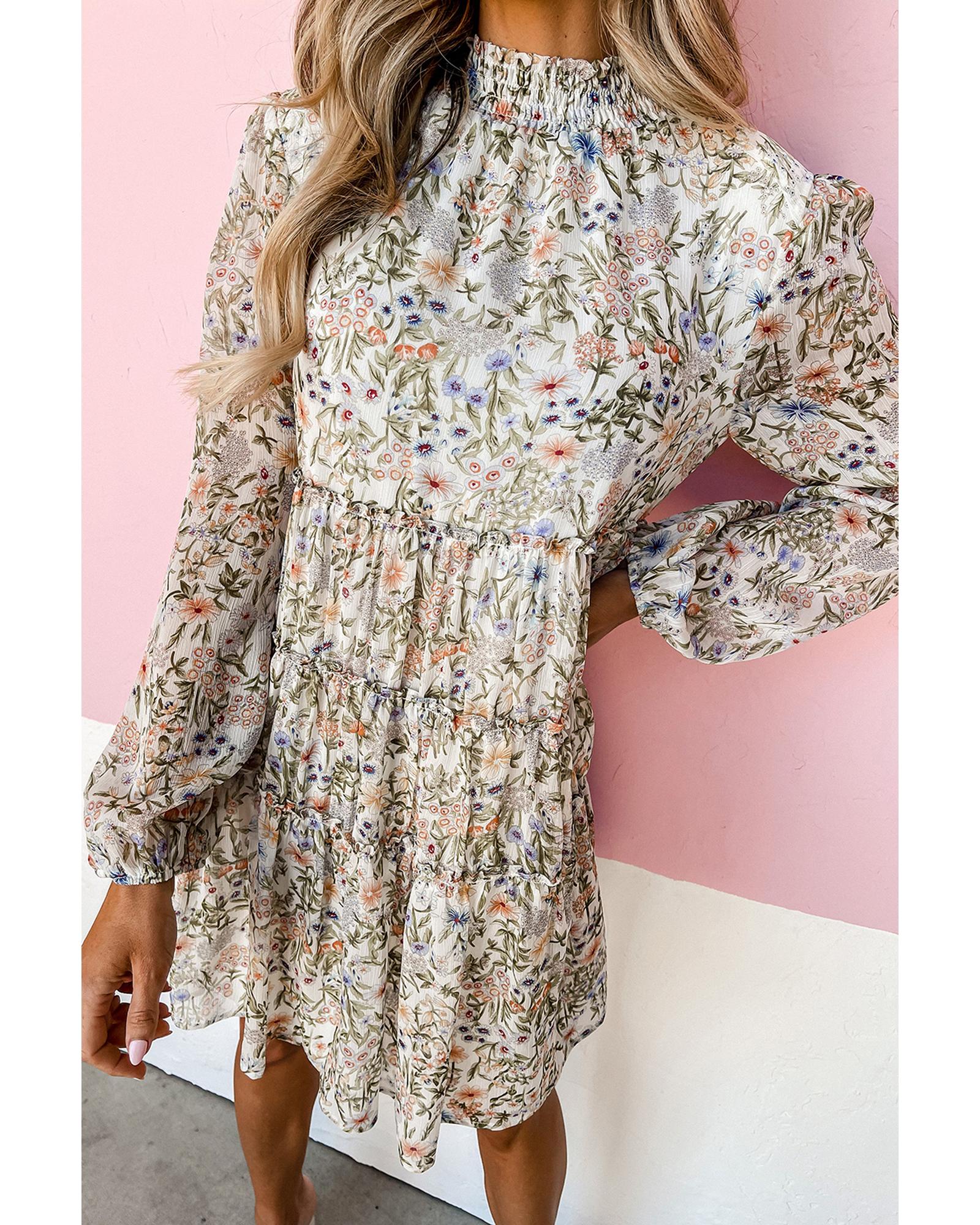 Green Floral Print Tiered Frilled Shirred Mock Neck Mini Dress - S