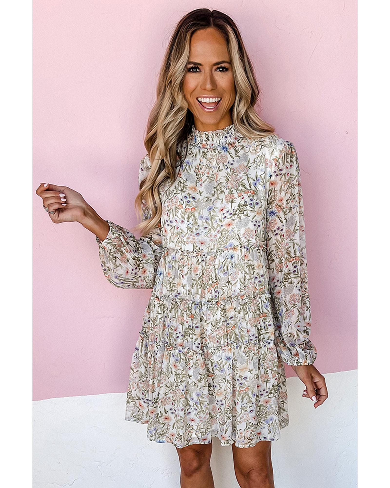 Green Floral Print Tiered Frilled Shirred Mock Neck Mini Dress - S