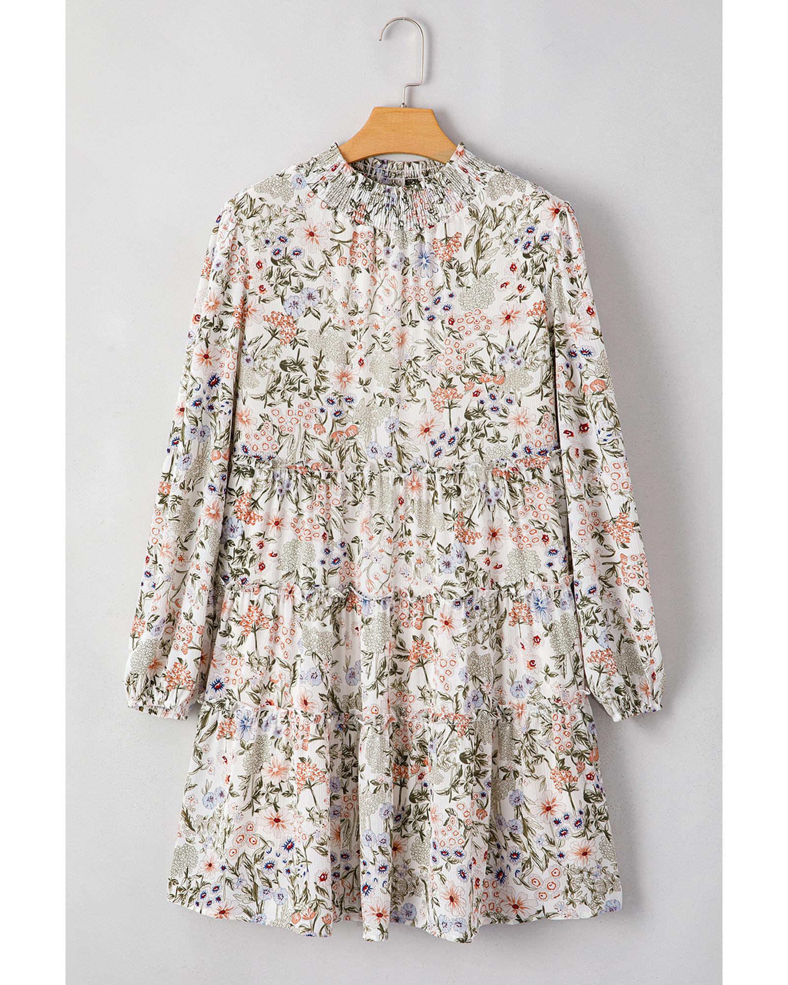 Green Floral Print Tiered Frilled Shirred Mock Neck Mini Dress - S 3
