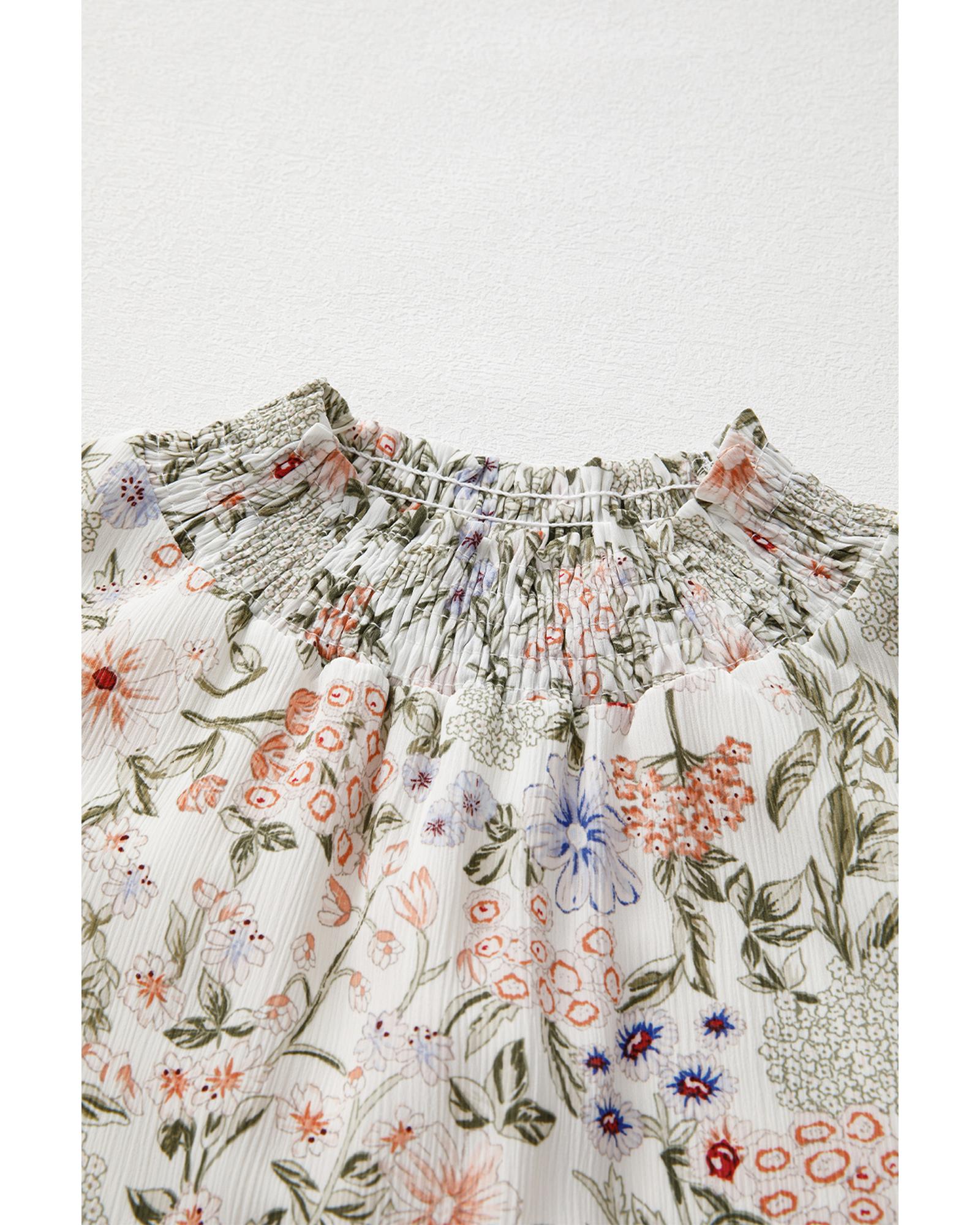 Green Floral Print Tiered Frilled Shirred Mock Neck Mini Dress - S 5