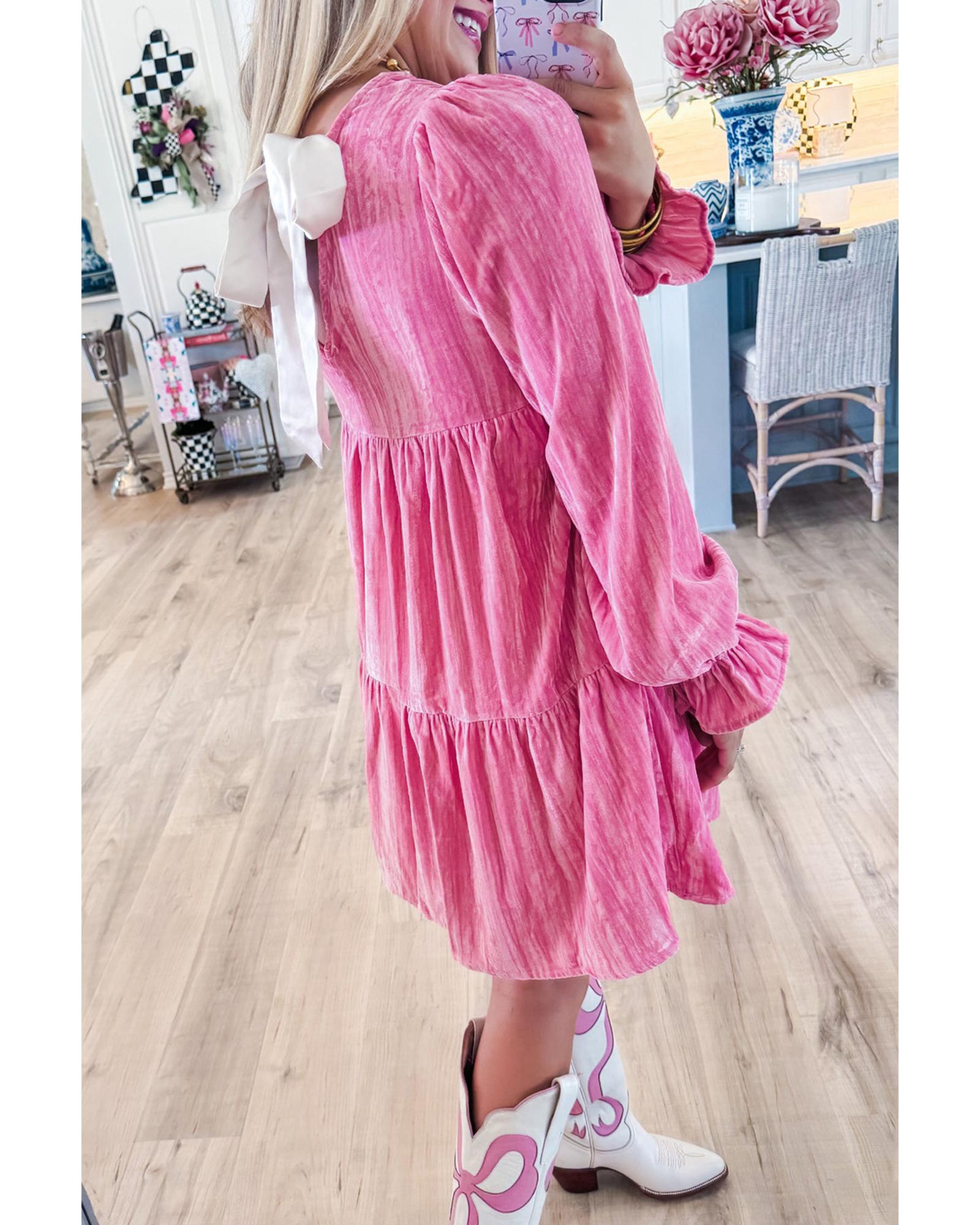 Strawberry Pink Flounce Sleeve Tiered Ruffled Velvet Mini Dress - XL
