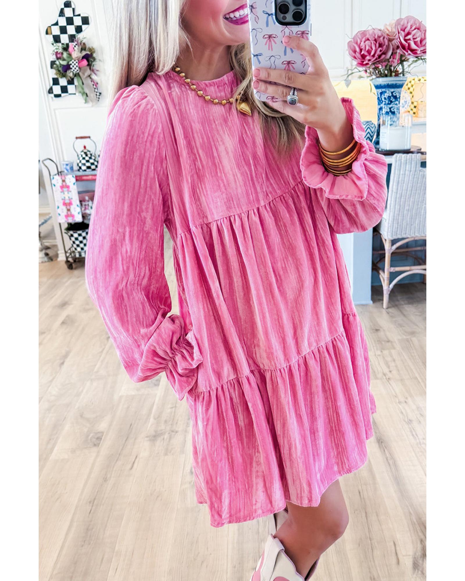 Strawberry Pink Flounce Sleeve Tiered Ruffled Velvet Mini Dress - XL 4