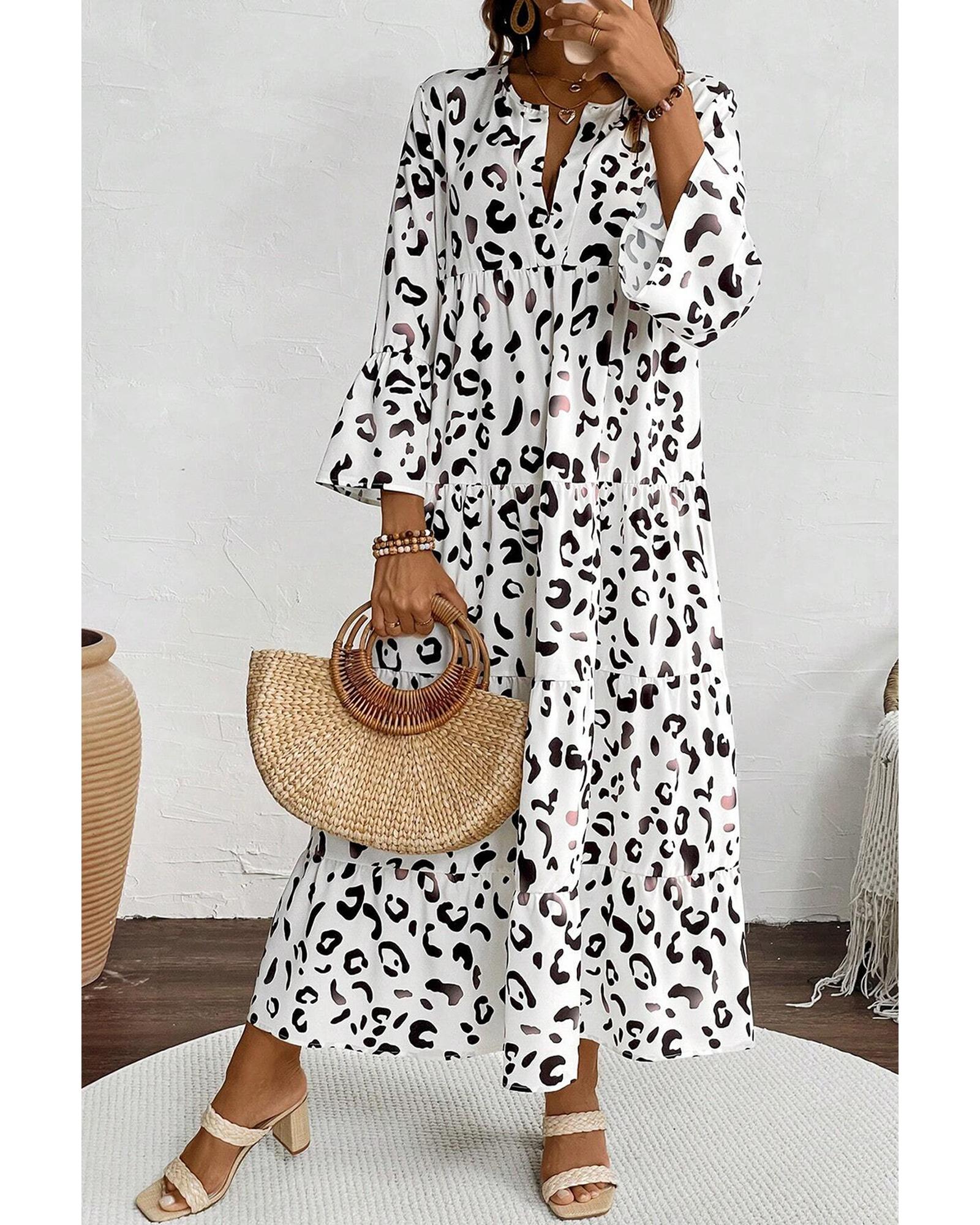 White Leopard Print Notch V Neck Loose Fit Maxi Dress - S 3