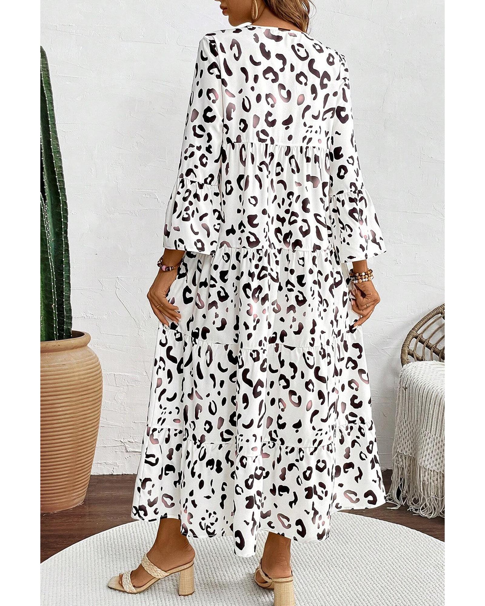 White Leopard Print Notch V Neck Loose Fit Maxi Dress - S 4