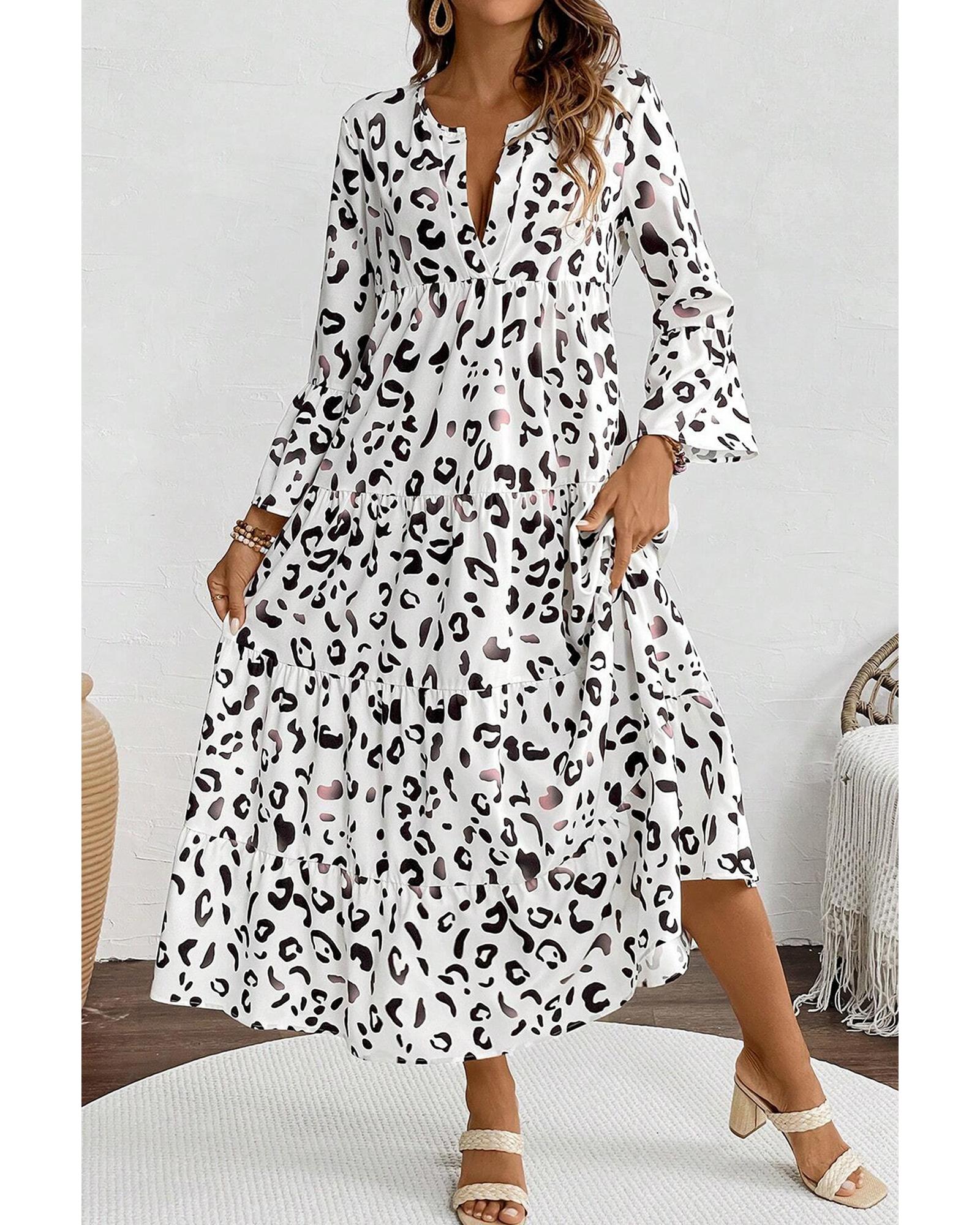 White Leopard Print Notch V Neck Loose Fit Maxi Dress - S 5