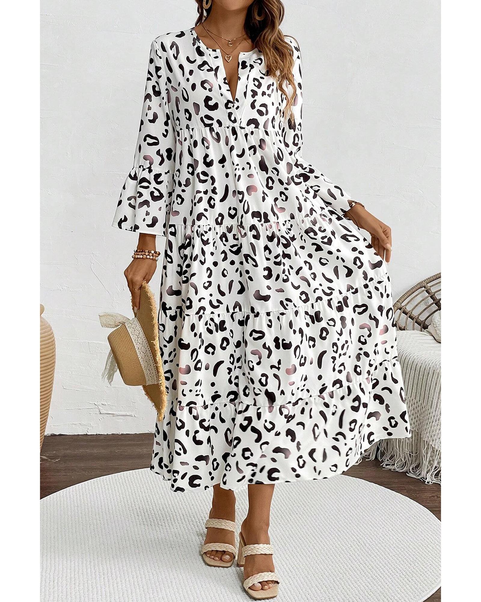 White Leopard Print Notch V Neck Loose Fit Maxi Dress - S 6