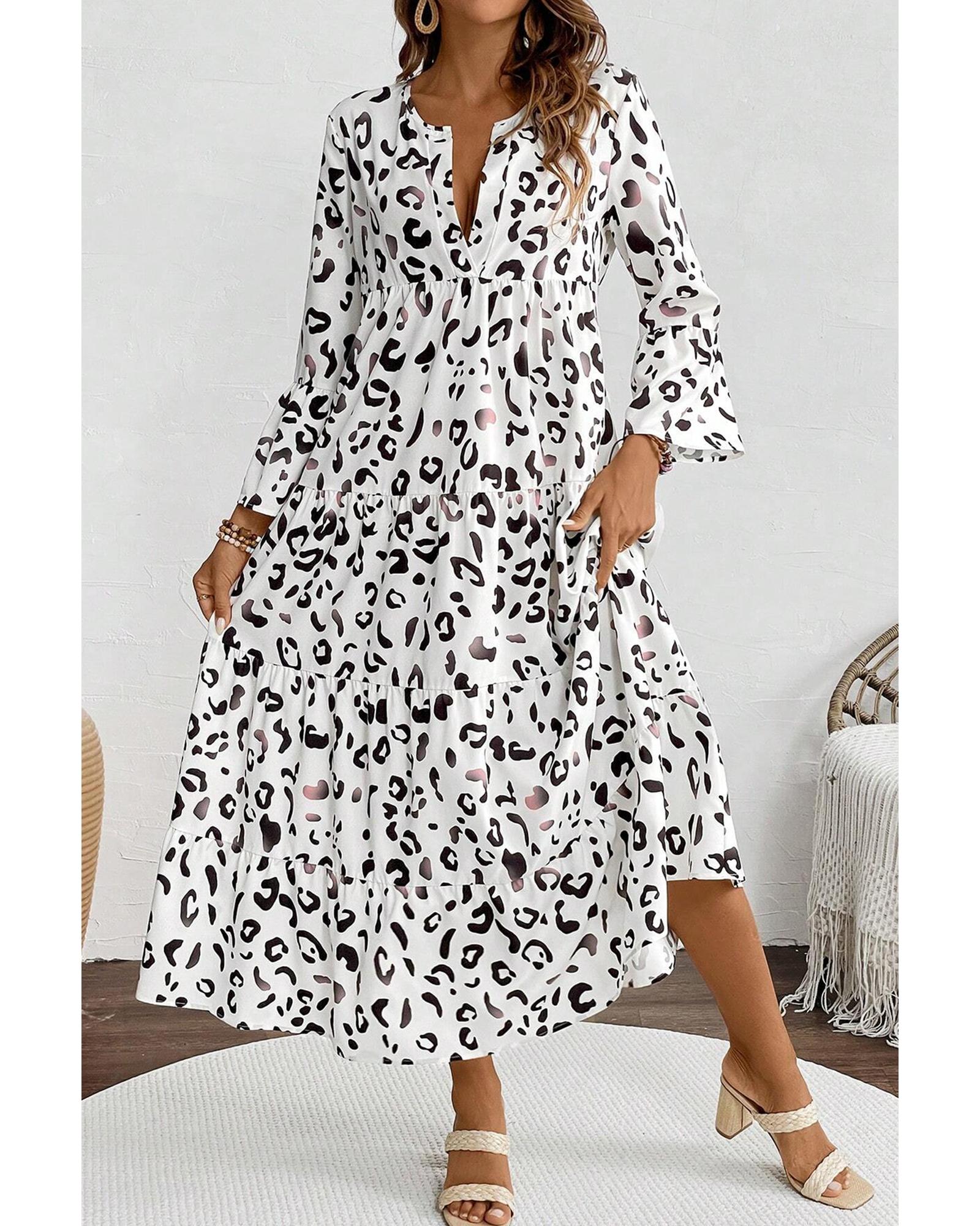 White Leopard Print Notch V Neck Loose Fit Maxi Dress - S 8