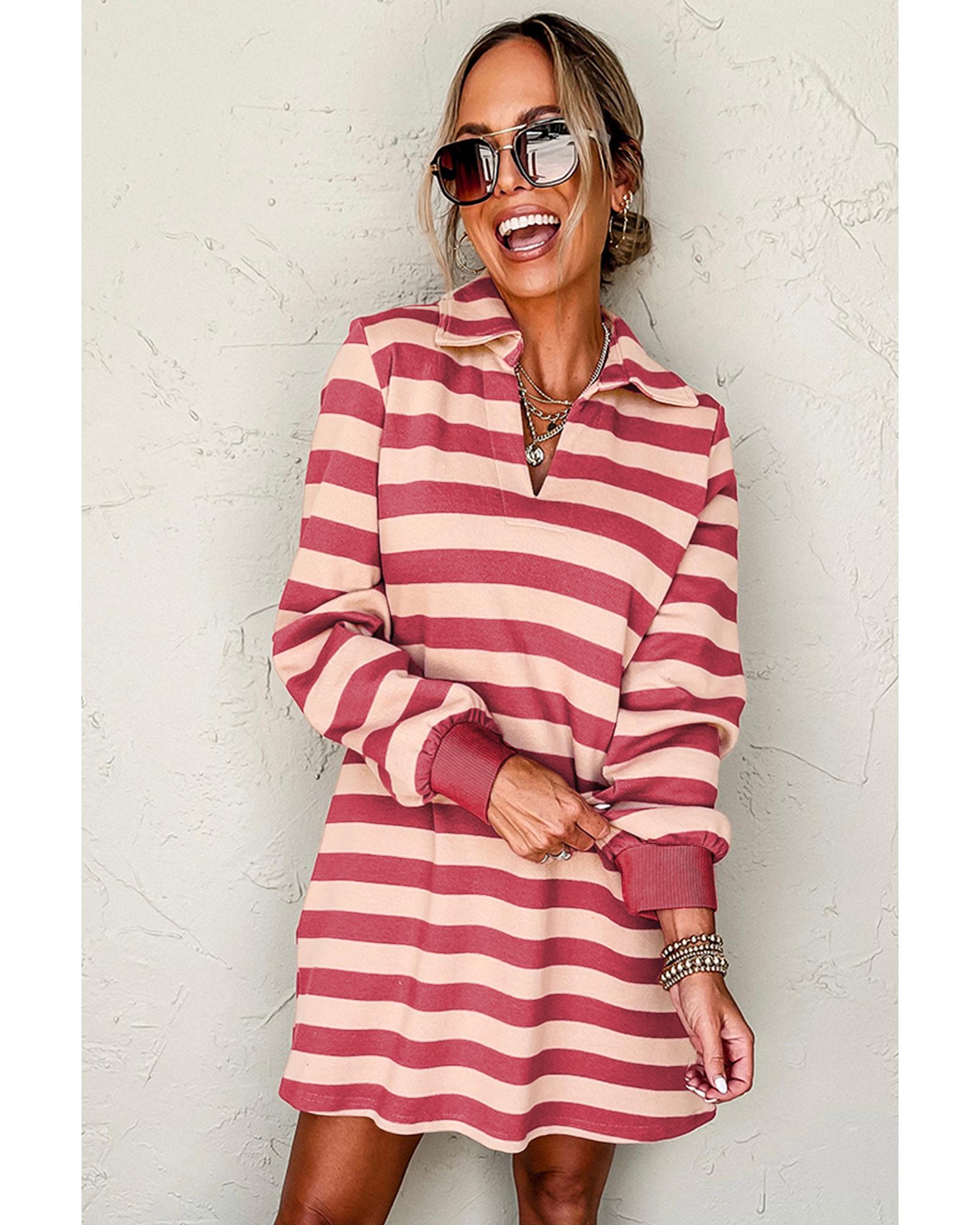 Pink Stripe Collared V Neck Long Sleeve Loose Casual Dress - L 6