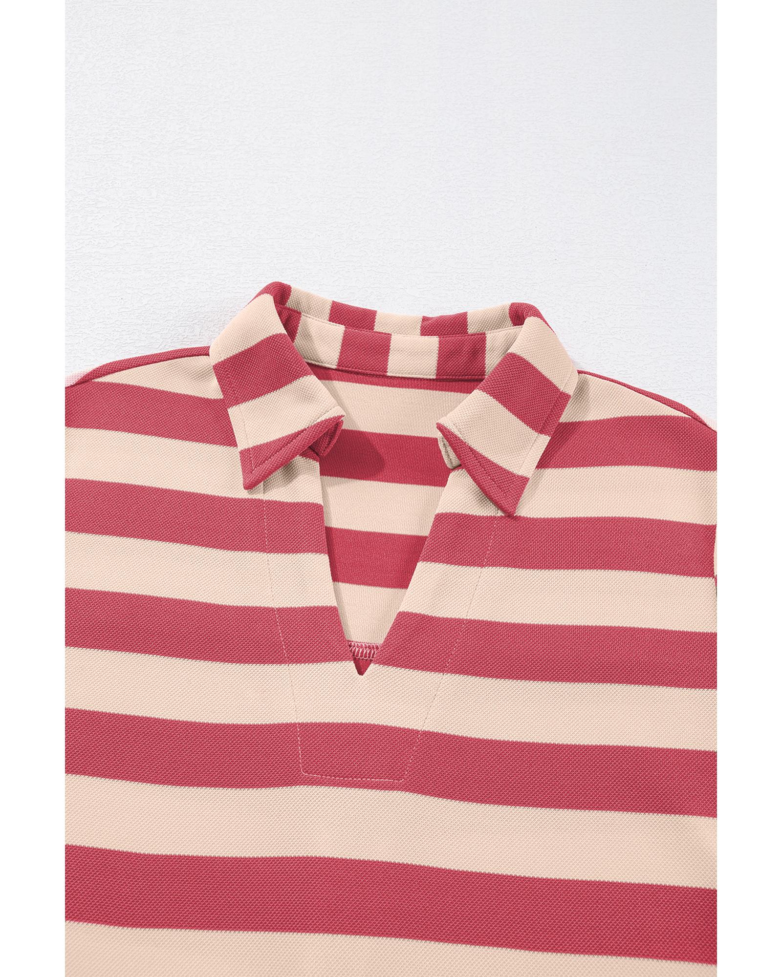 Pink Stripe Collared V Neck Long Sleeve Loose Casual Dress - M 7