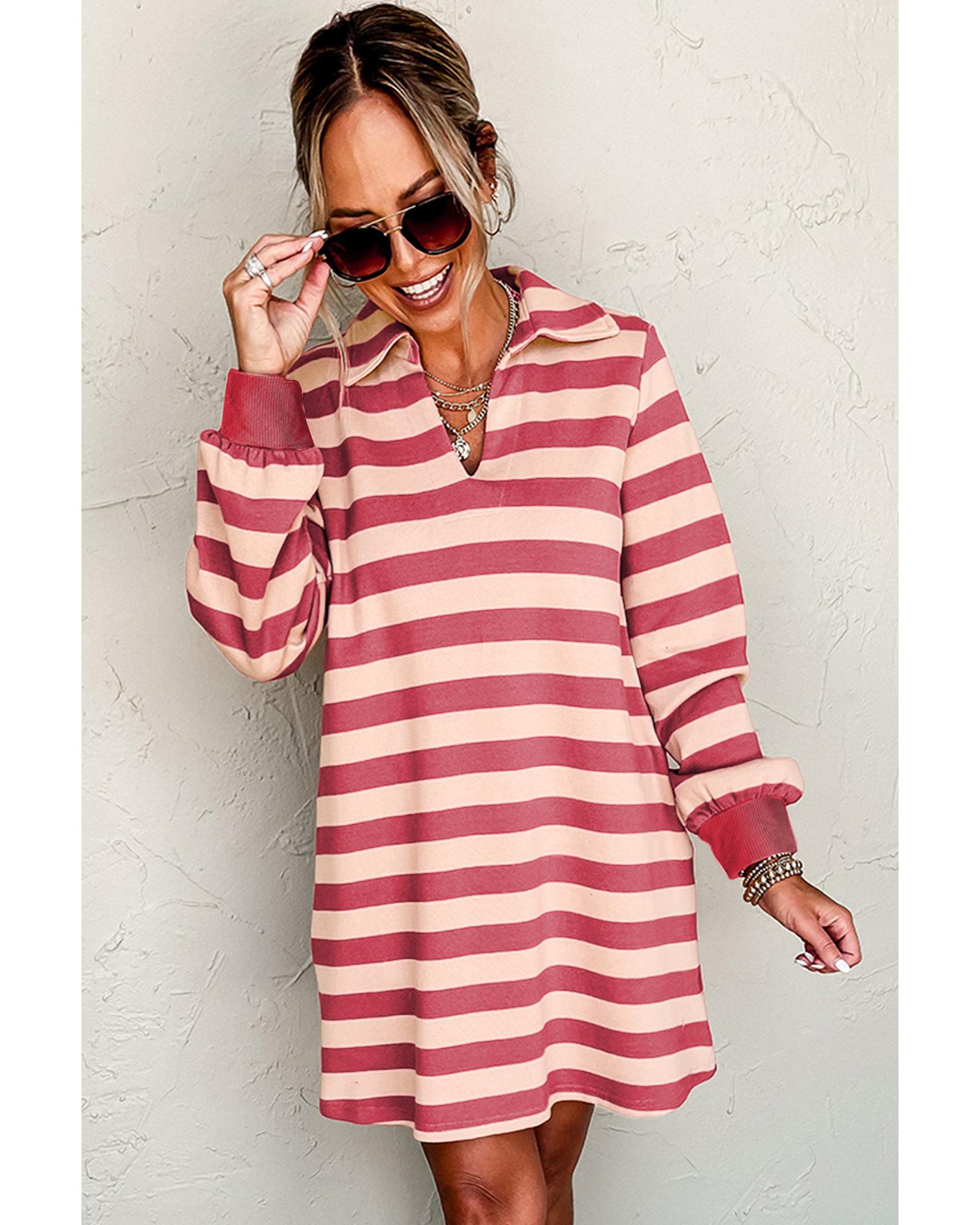Pink Stripe Collared V Neck Long Sleeve Loose Casual Dress - S