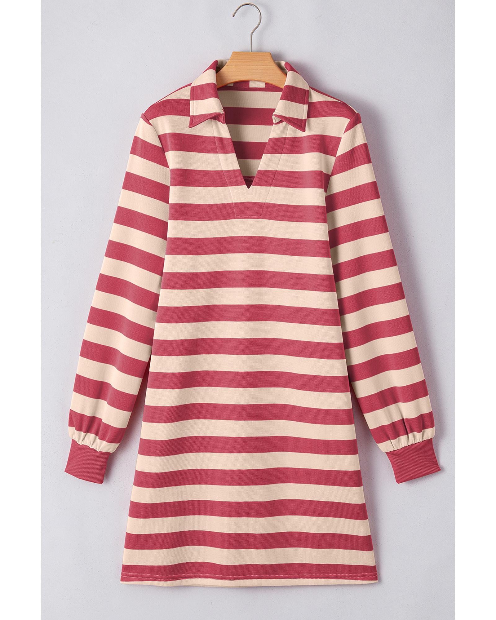 Pink Stripe Collared V Neck Long Sleeve Loose Casual Dress - S