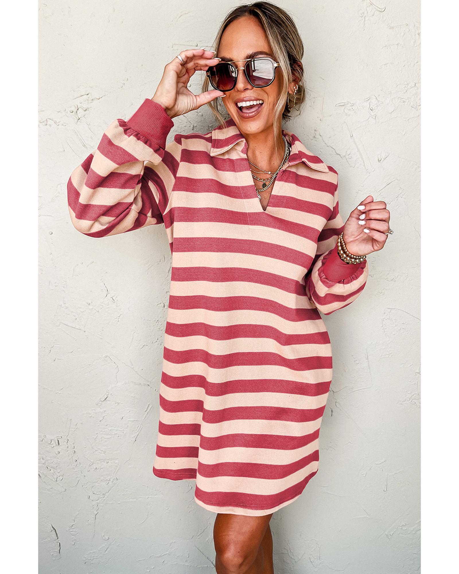 Pink Stripe Collared V Neck Long Sleeve Loose Casual Dress - S 4