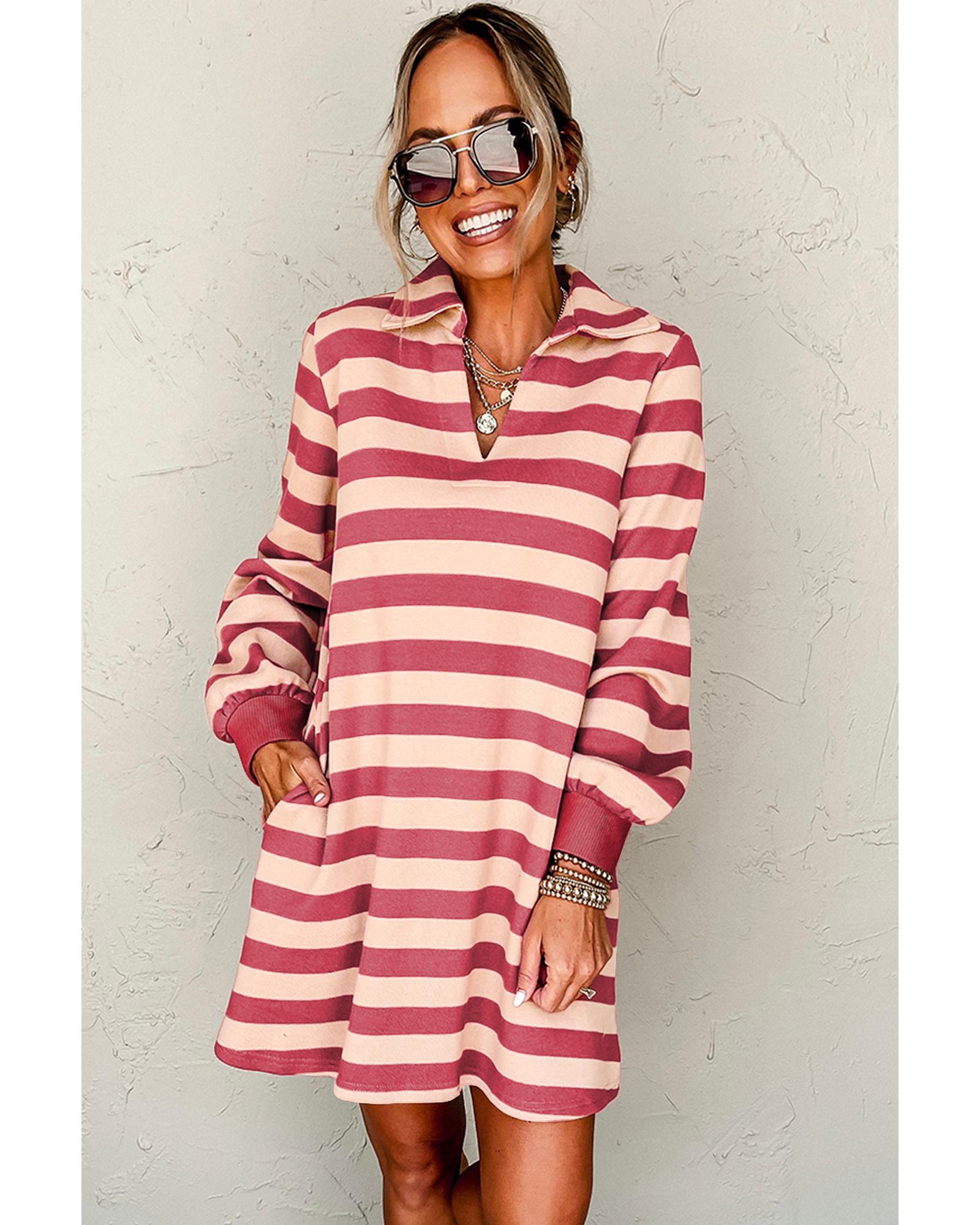Pink Stripe Collared V Neck Long Sleeve Loose Casual Dress - S 5