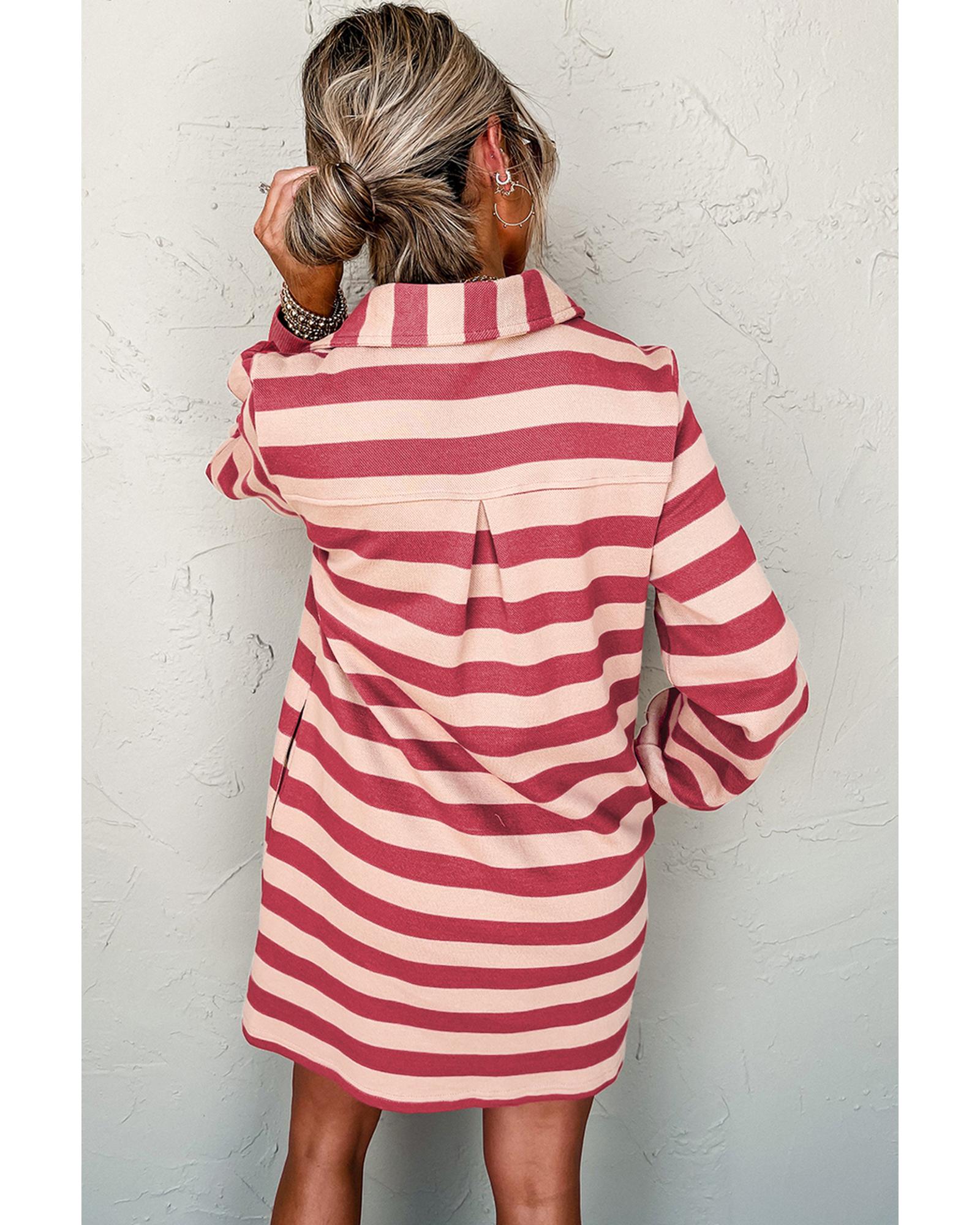 Pink Stripe Collared V Neck Long Sleeve Loose Casual Dress - S 8