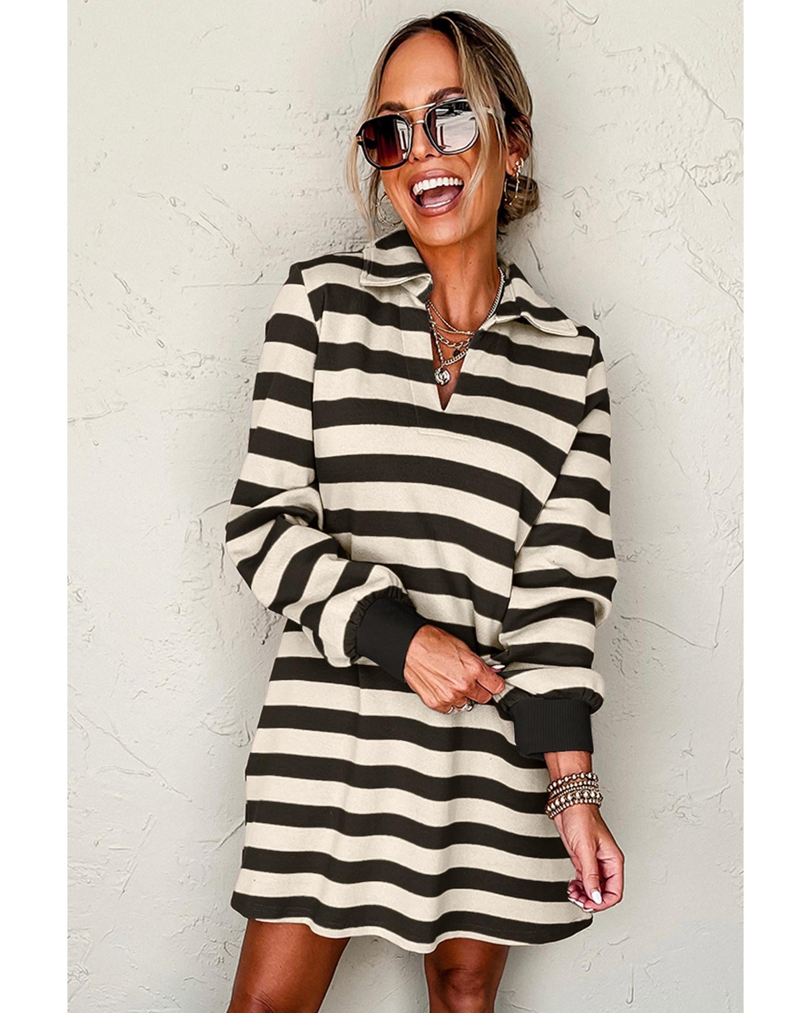 Black Stripe Collared V Neck Long Sleeve Loose Casual Dress - 2XL 6