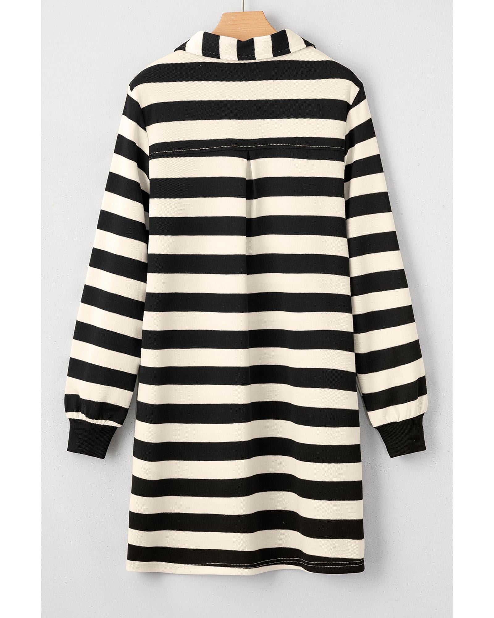 Black Stripe Collared V Neck Long Sleeve Loose Casual Dress - S 7