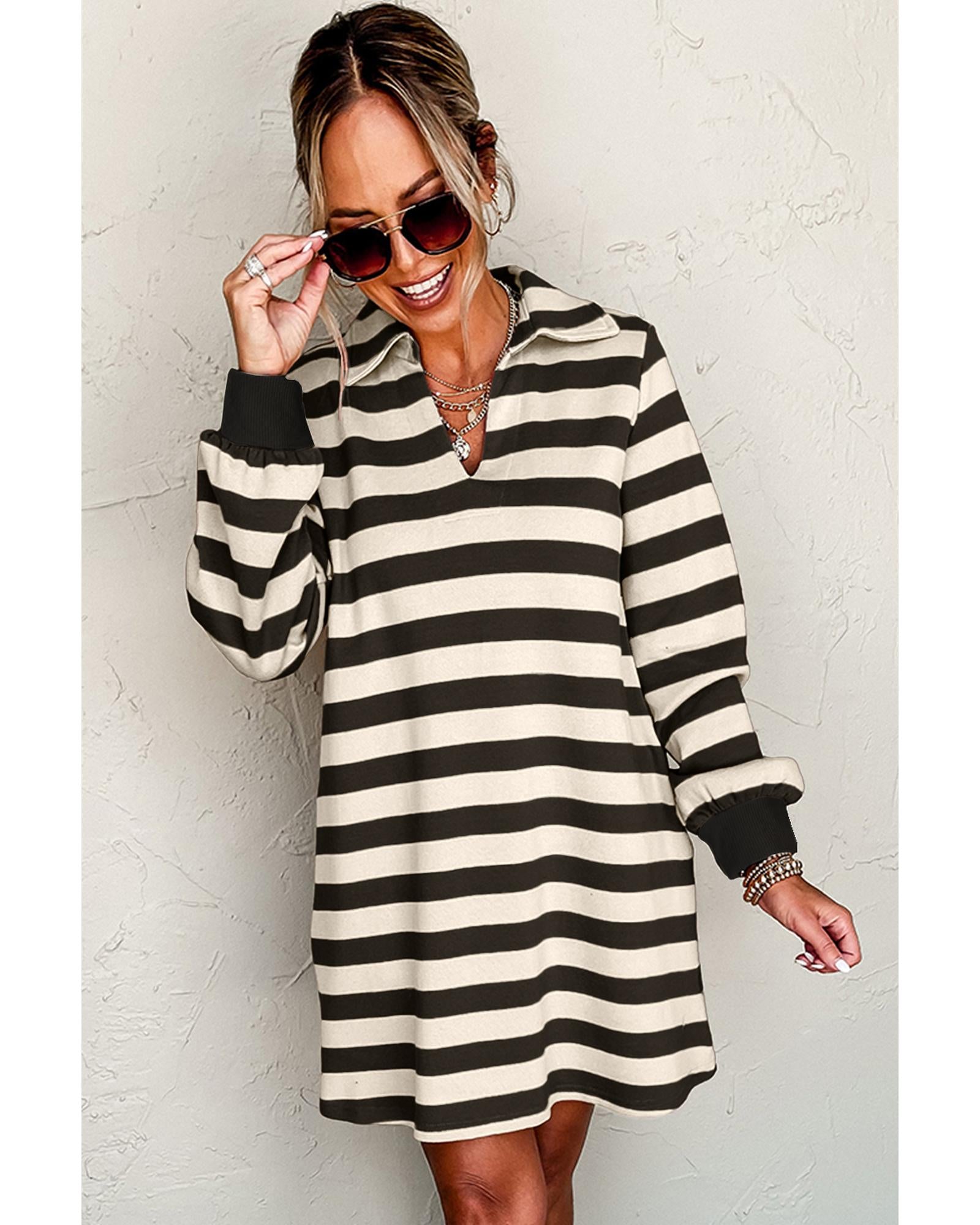 Black Stripe Collared V Neck Long Sleeve Loose Casual Dress - XL 5