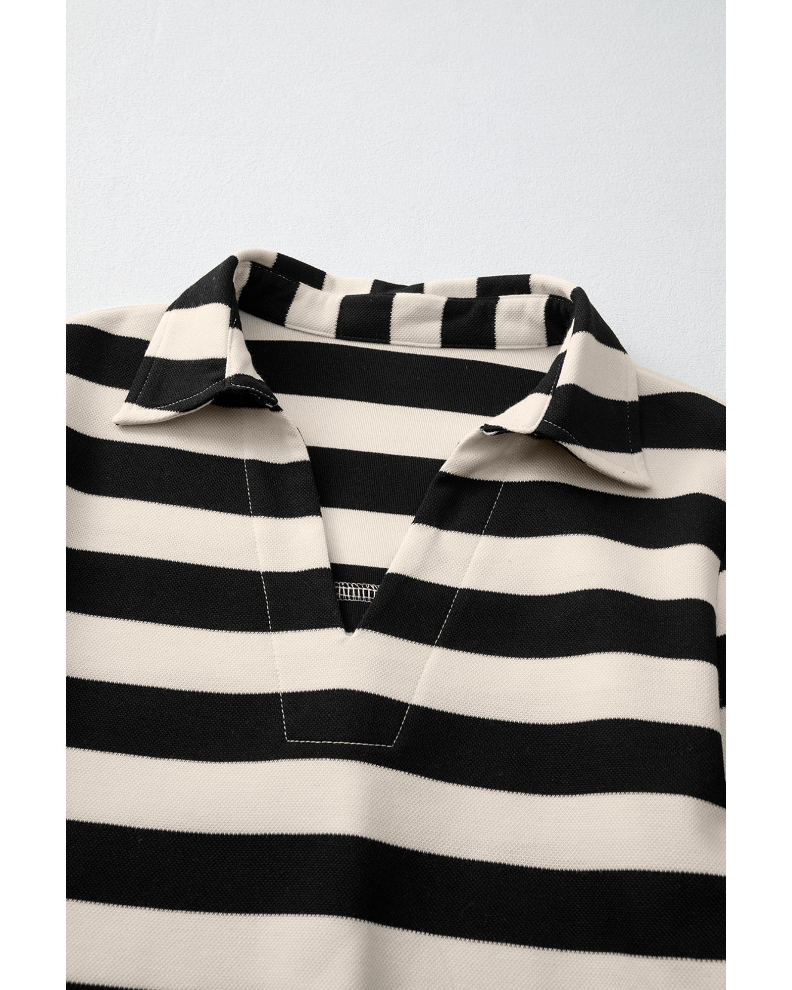 Black Stripe Collared V Neck Long Sleeve Loose Casual Dress - XL 8
