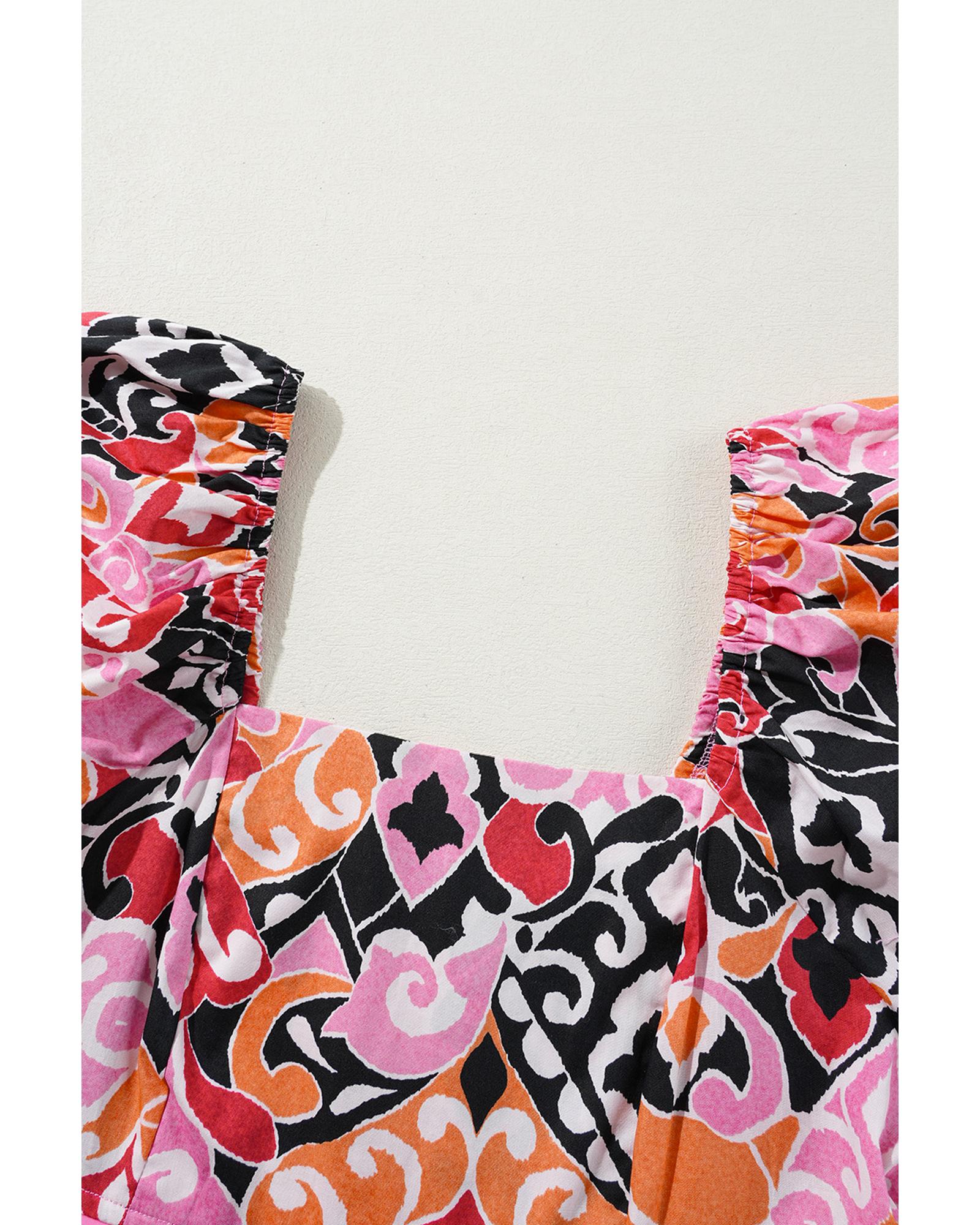 Pink Bohemian Square Neck Puff Sleeve Mini Dress - S