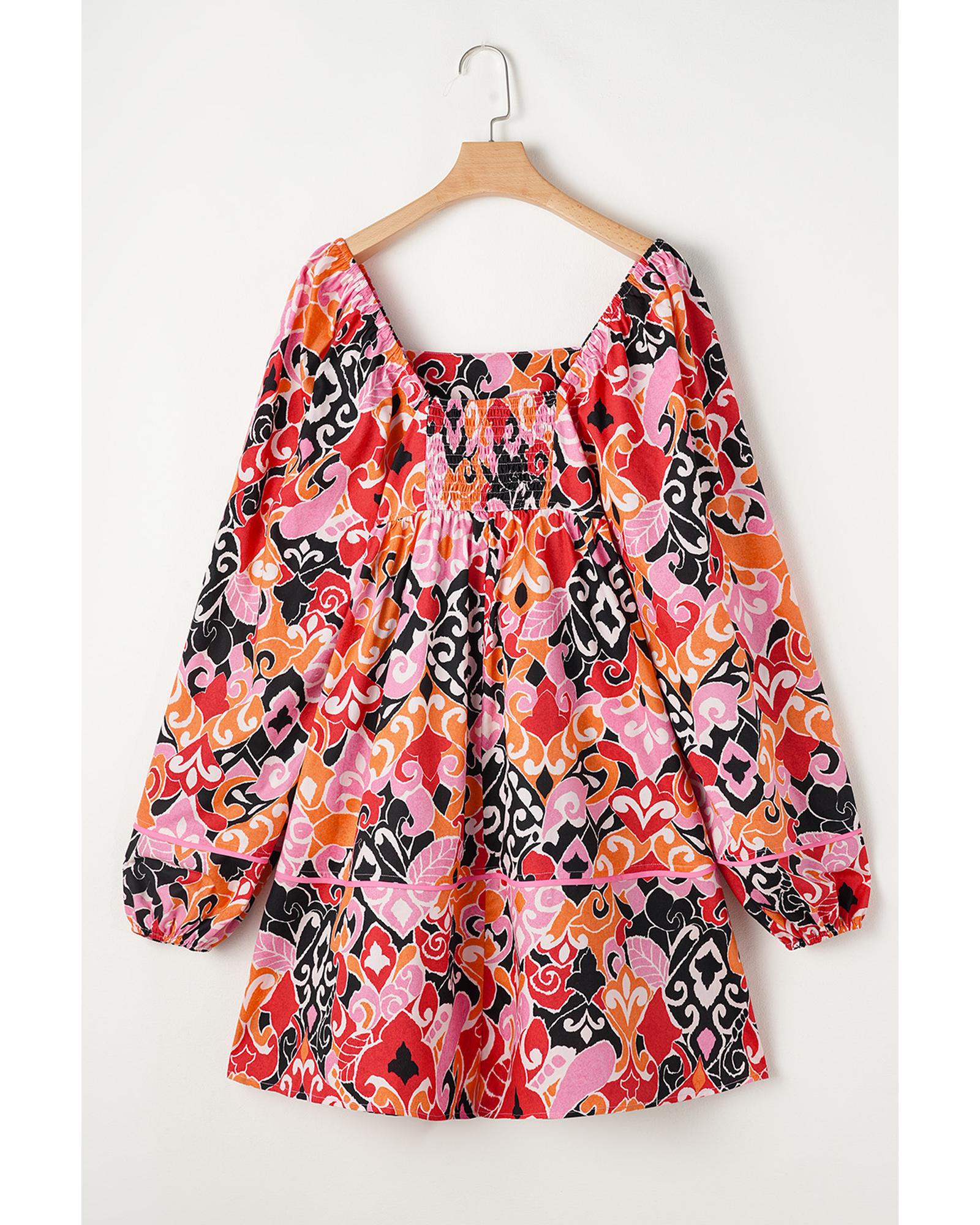 Pink Bohemian Square Neck Puff Sleeve Mini Dress - S 4