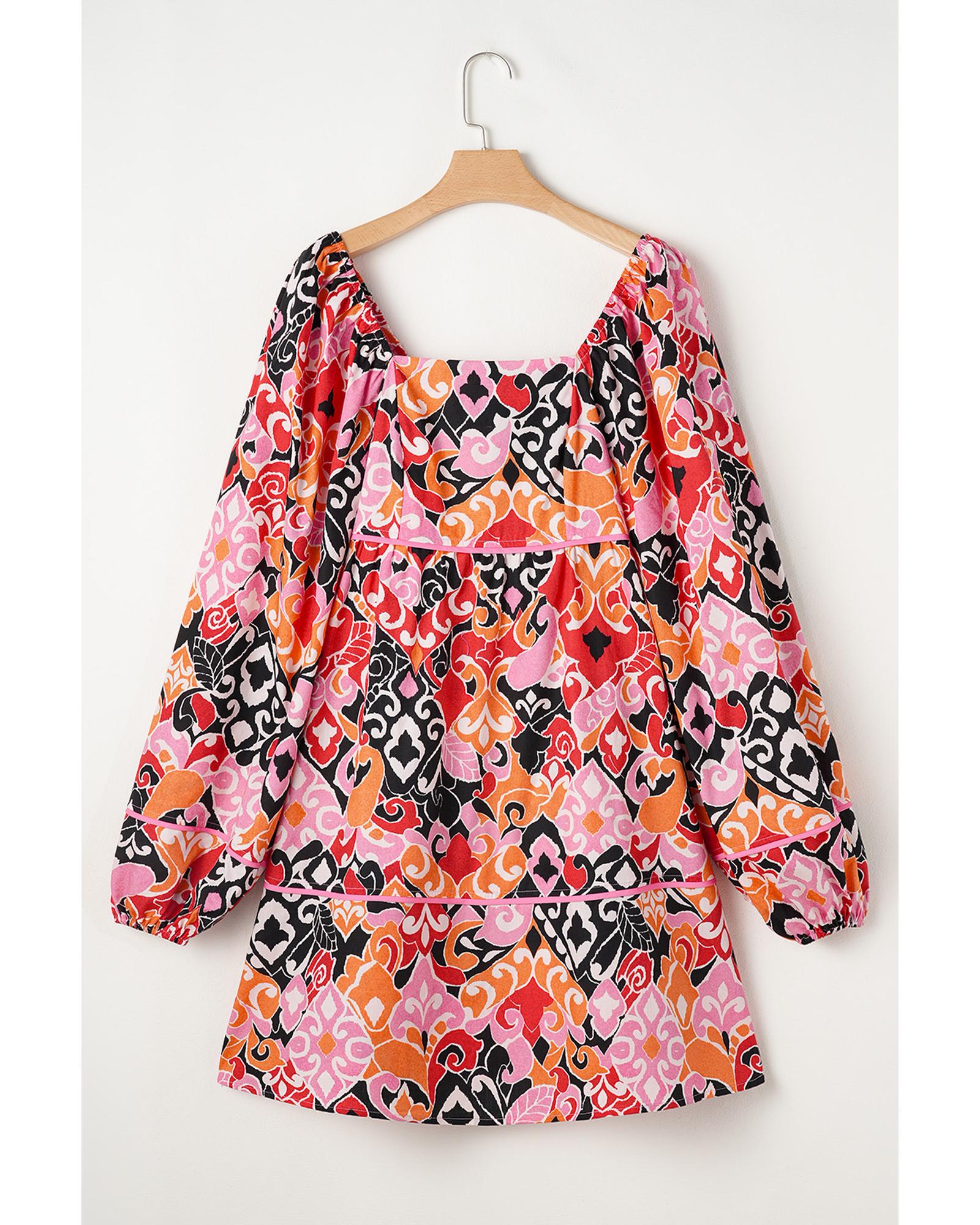 Pink Bohemian Square Neck Puff Sleeve Mini Dress - XL 5