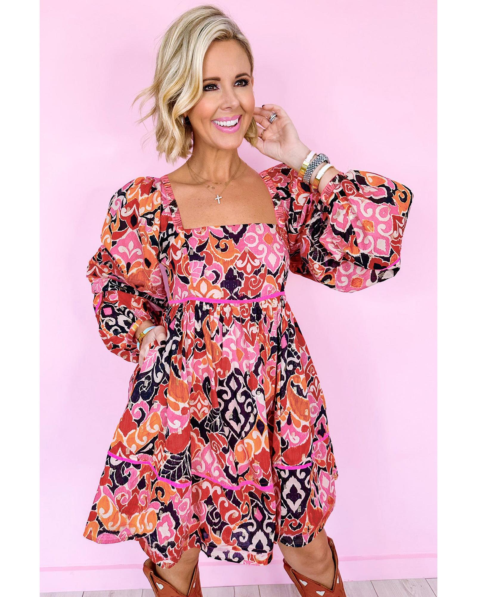 Pink Bohemian Square Neck Puff Sleeve Mini Dress - XL 6