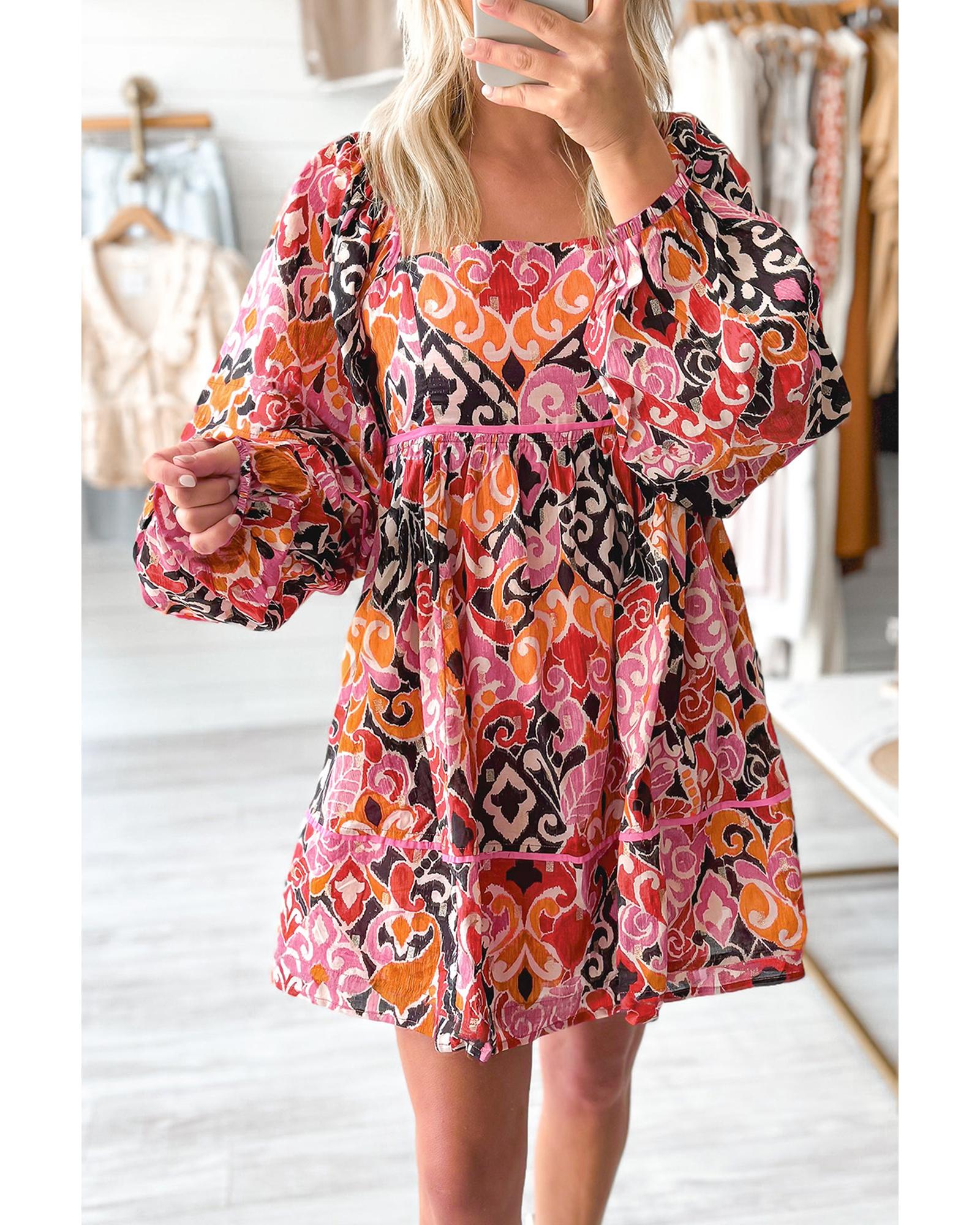 Pink Bohemian Square Neck Puff Sleeve Mini Dress - XL 8