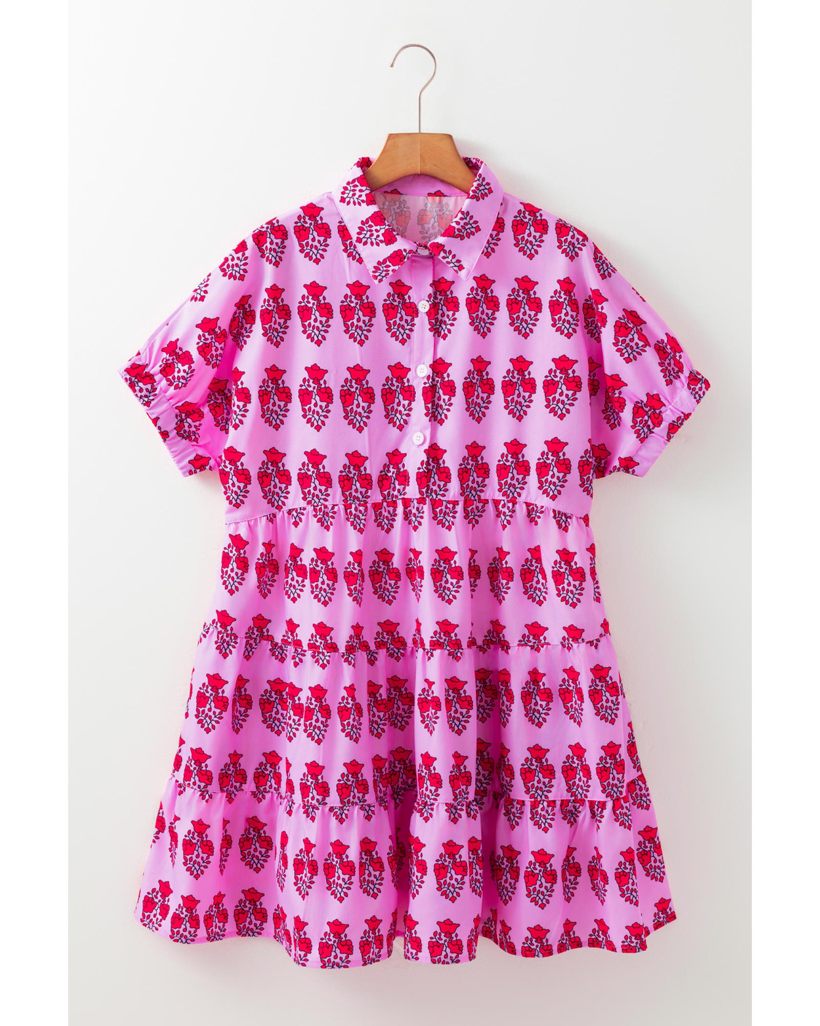 Sachet Pink Floral Print Multi Buttons Collared Short Sleeve Flowy Dress - L 4