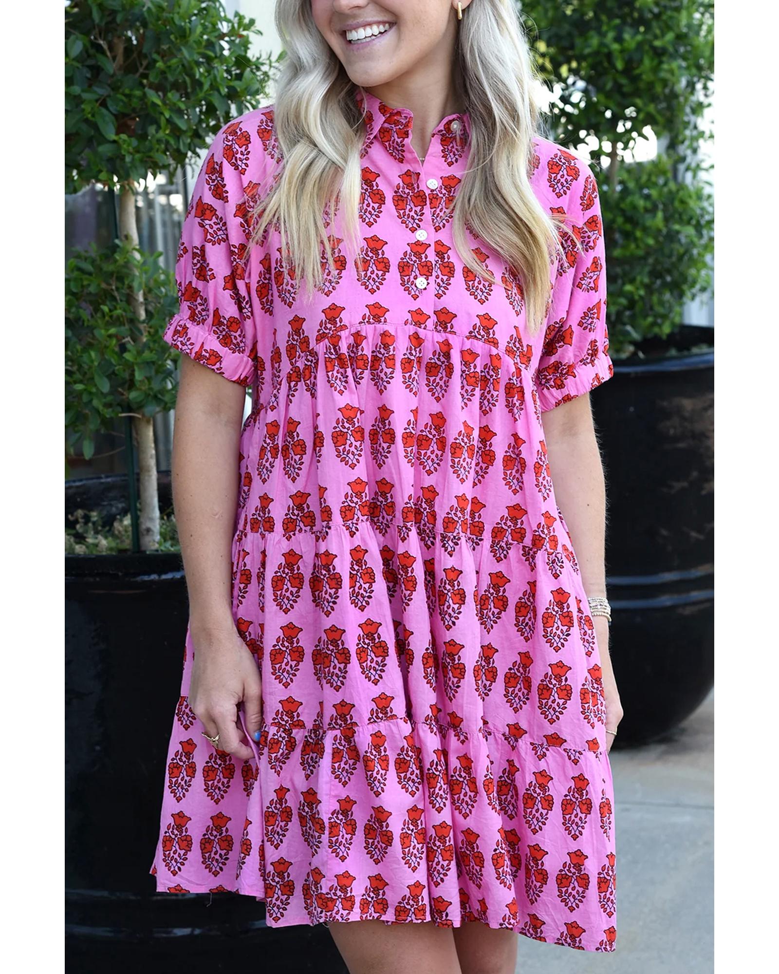Sachet Pink Floral Print Multi Buttons Collared Short Sleeve Flowy Dress - M 8