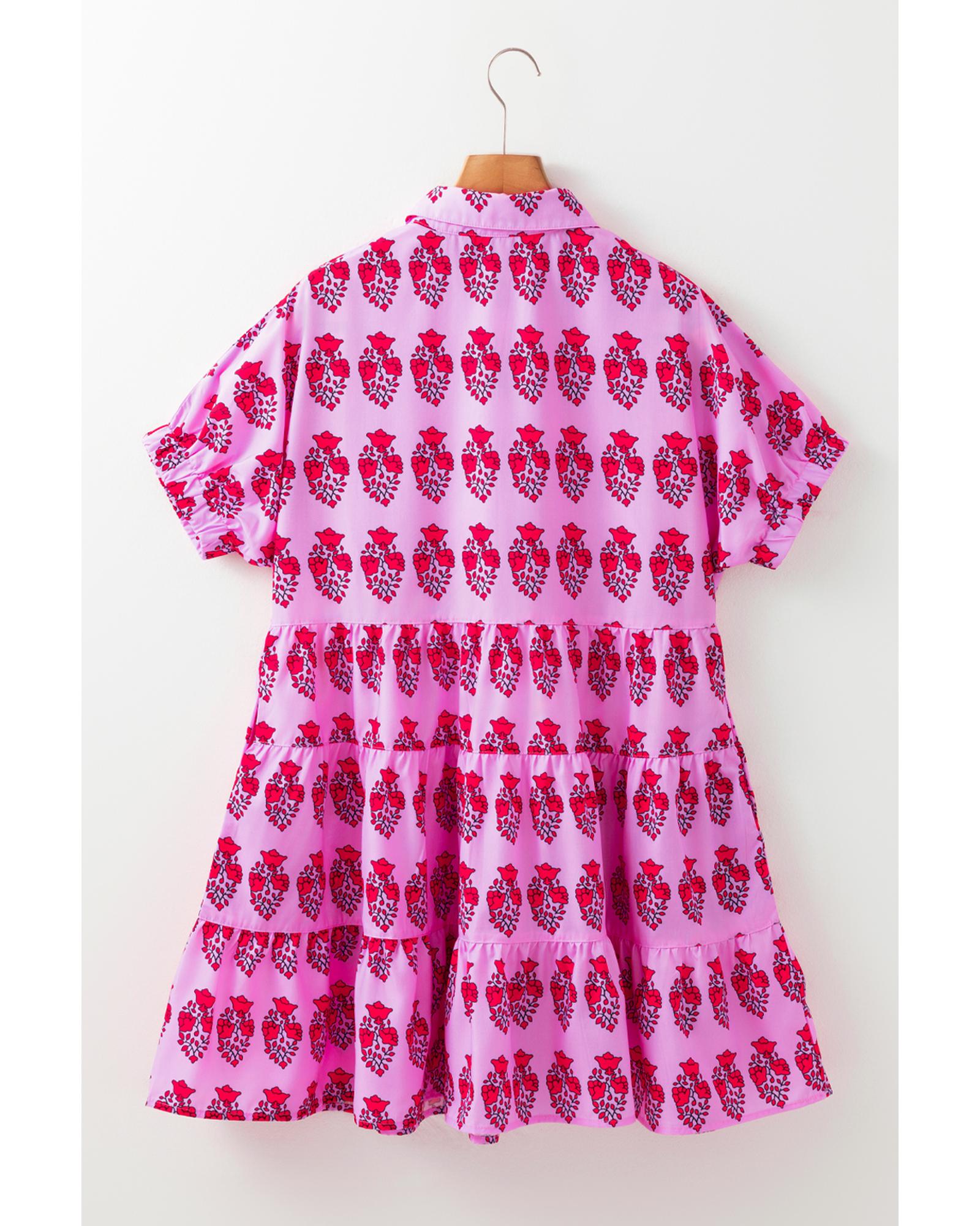 Sachet Pink Floral Print Multi Buttons Collared Short Sleeve Flowy Dress - S 3
