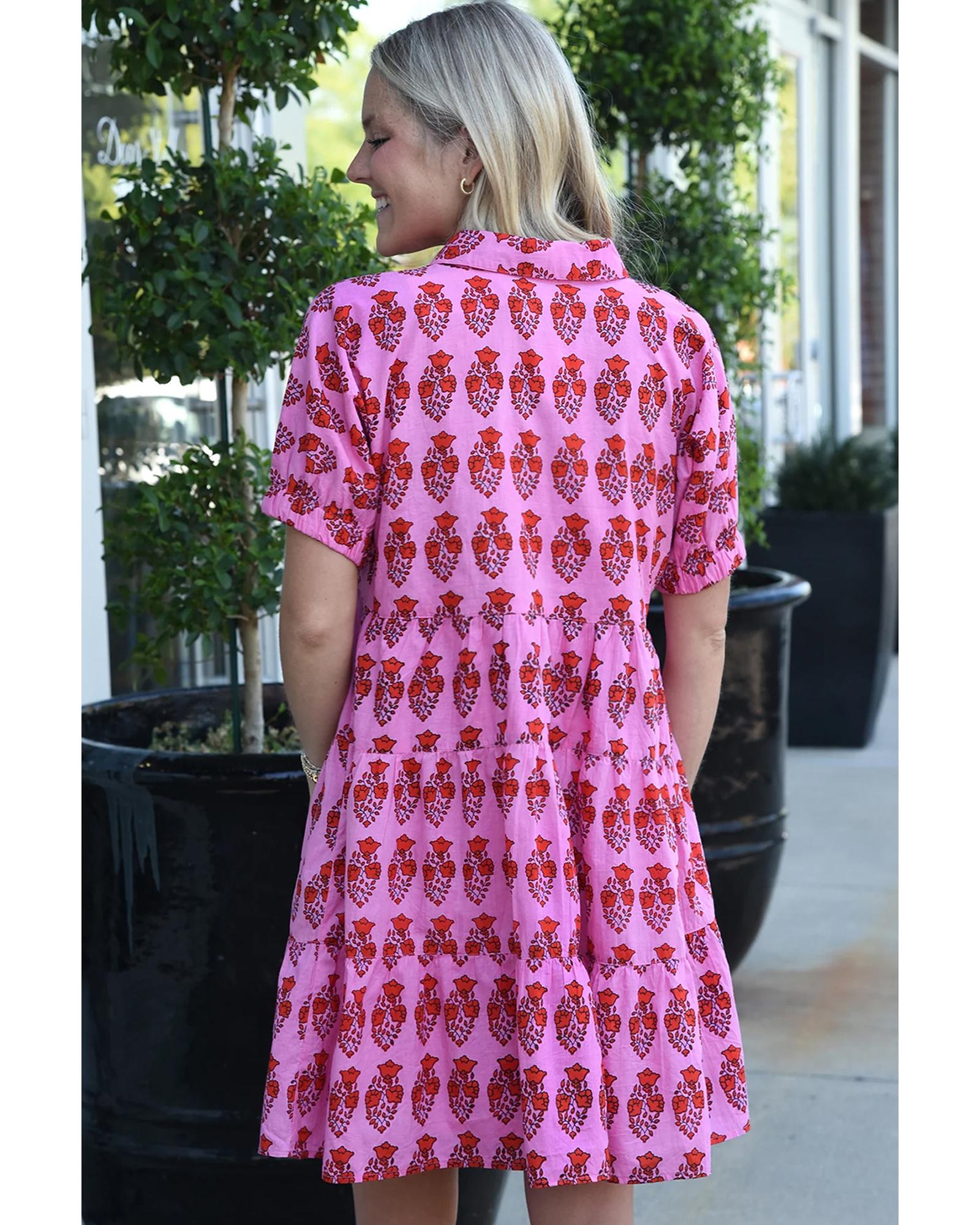 Sachet Pink Floral Print Multi Buttons Collared Short Sleeve Flowy Dress - XL 5