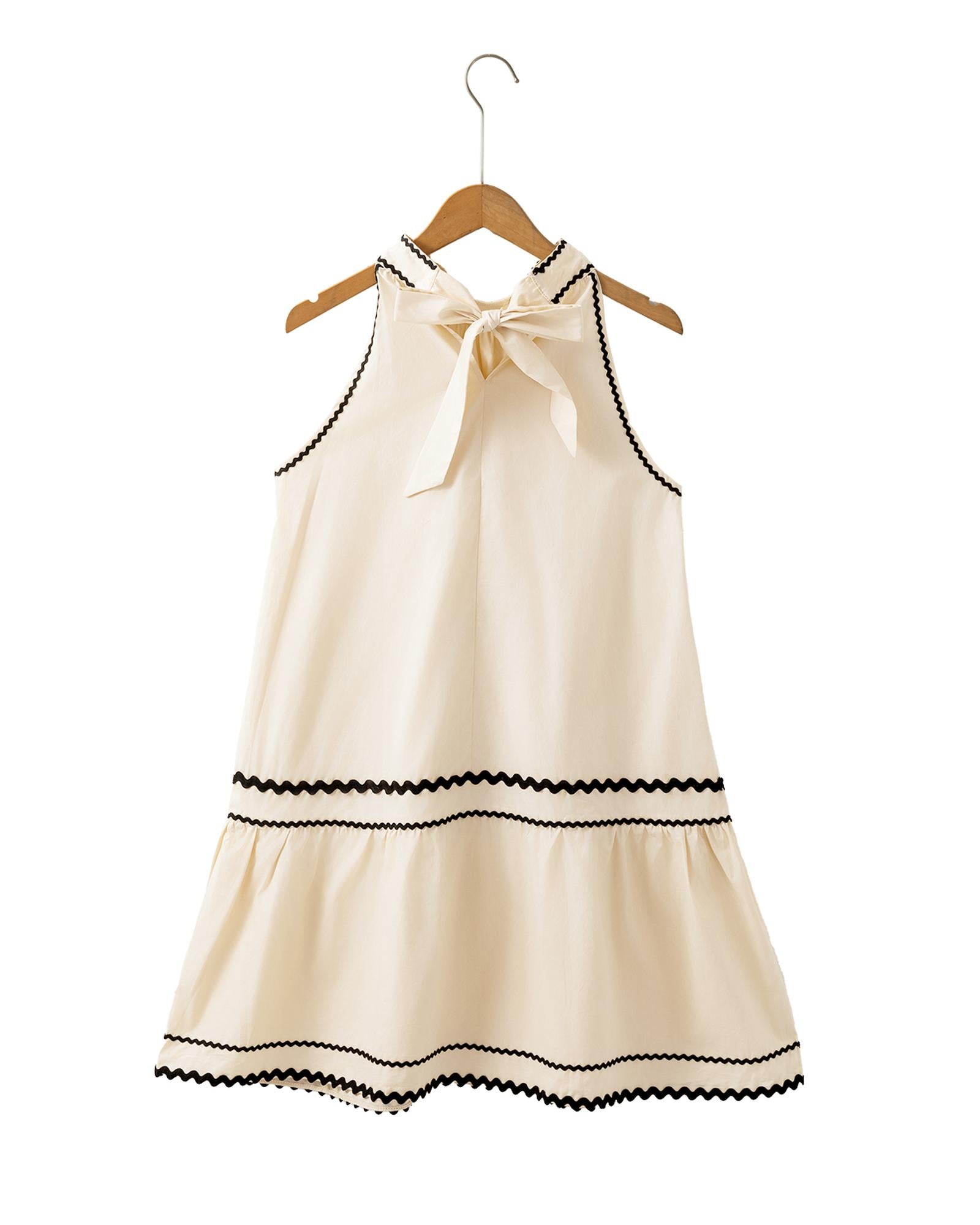 Khaki Stripe Ric Rac Trim Halter A-line Sleeveless Mini Dress - L