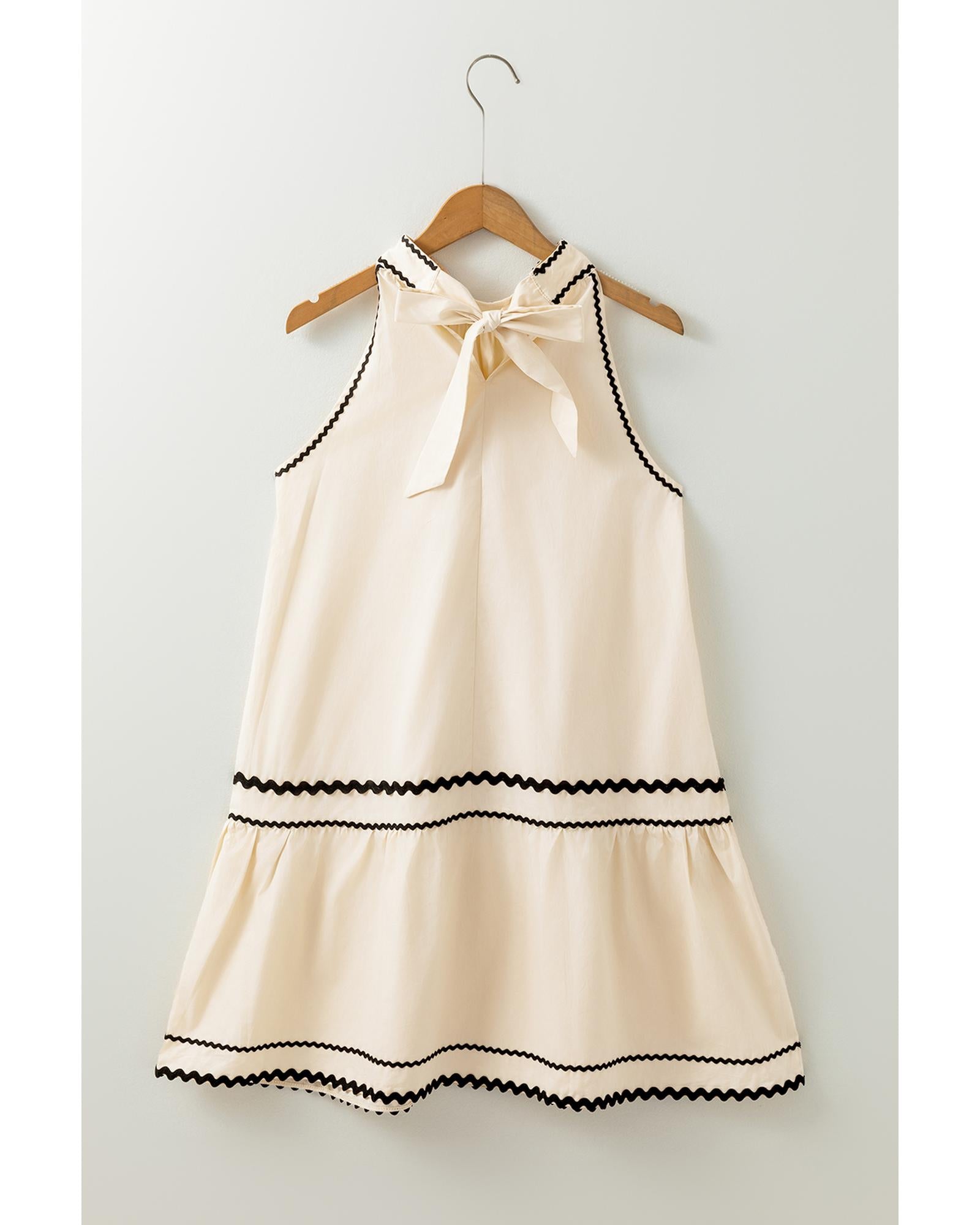 Khaki Stripe Ric Rac Trim Halter A-line Sleeveless Mini Dress - L 3