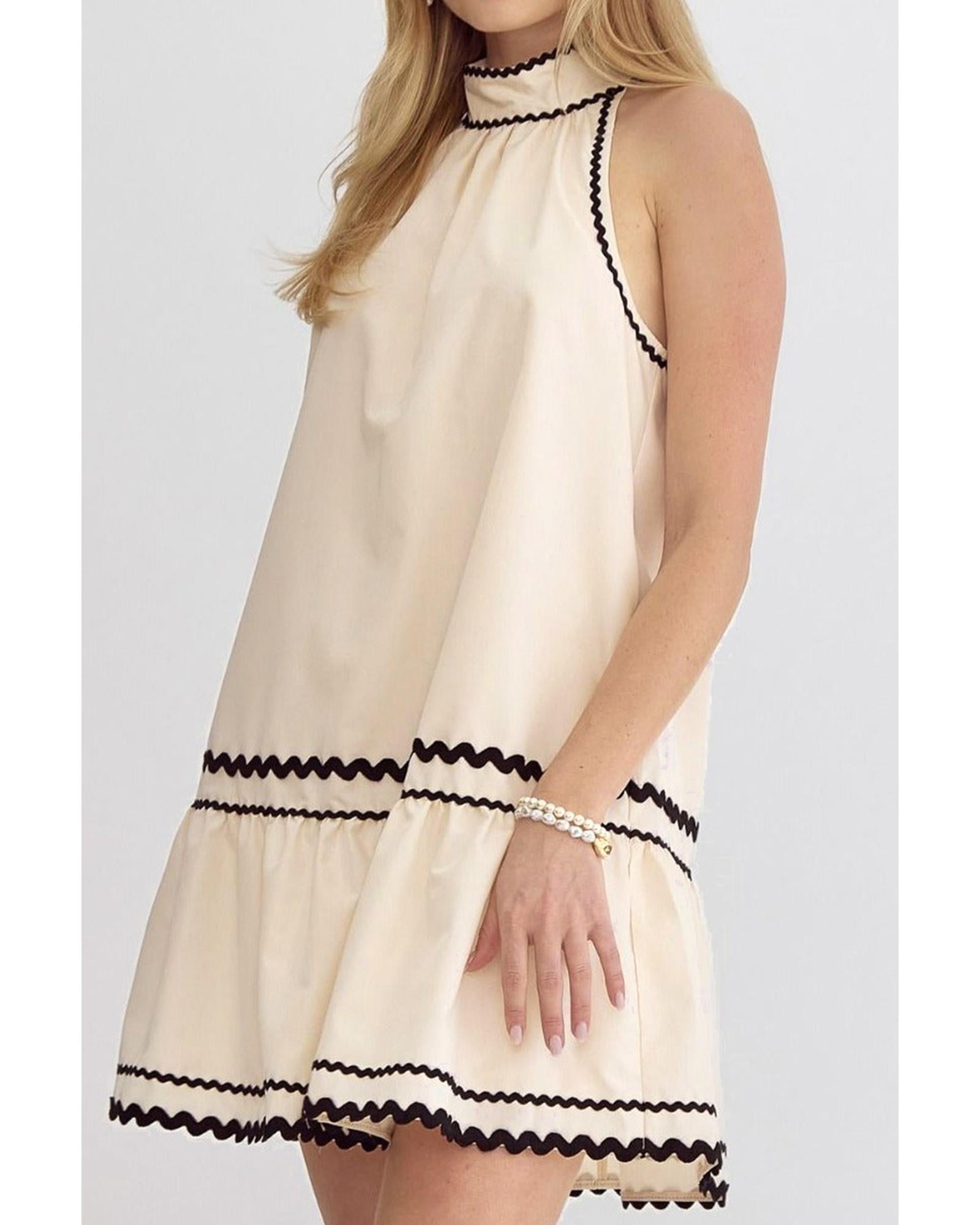 Khaki Stripe Ric Rac Trim Halter A-line Sleeveless Mini Dress - L 4